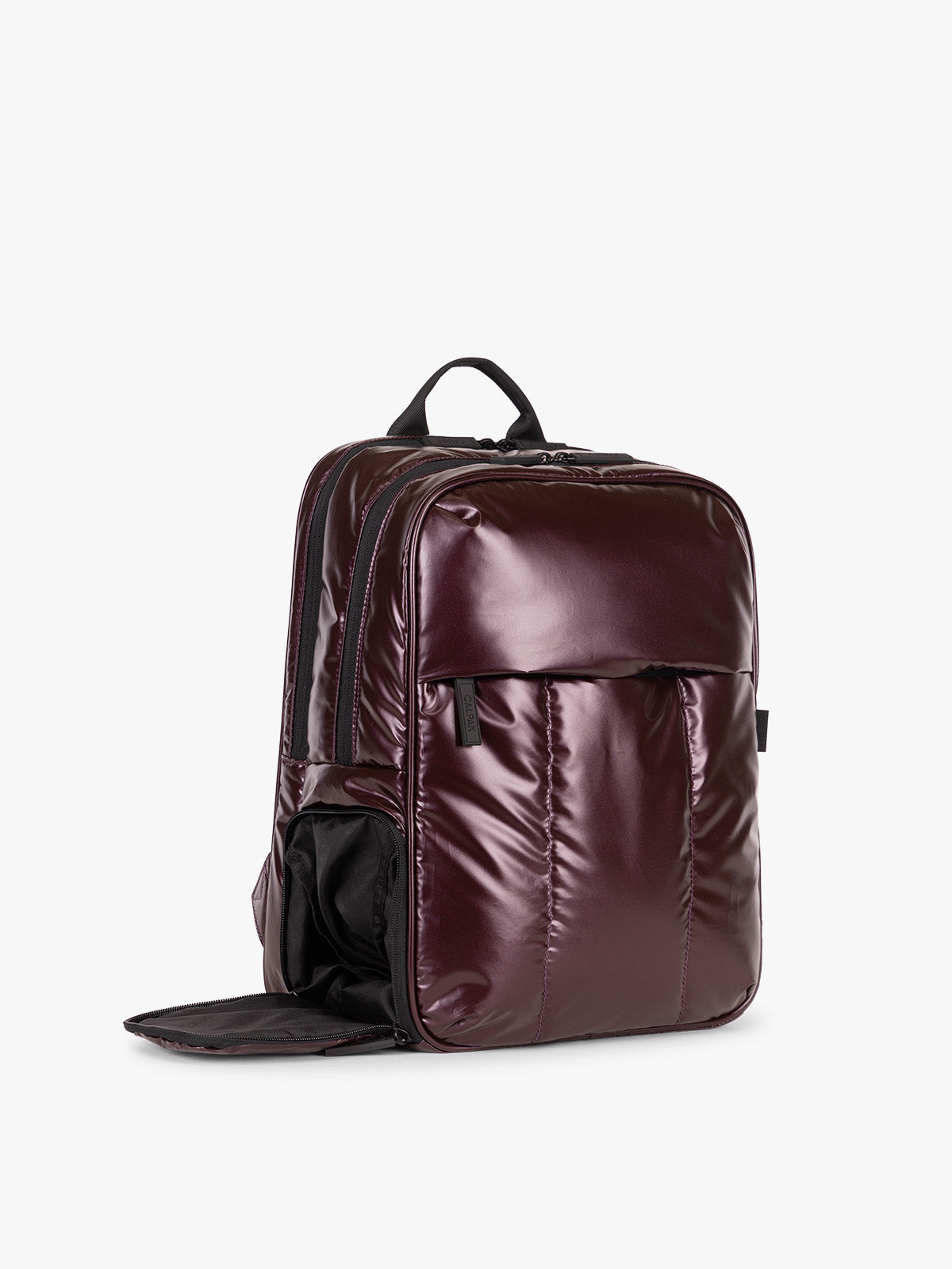 Side view of CALPAK Luka Backpack in maroon Dark Cherry ; BPL2001-GLAZED-DARK-CHERRY