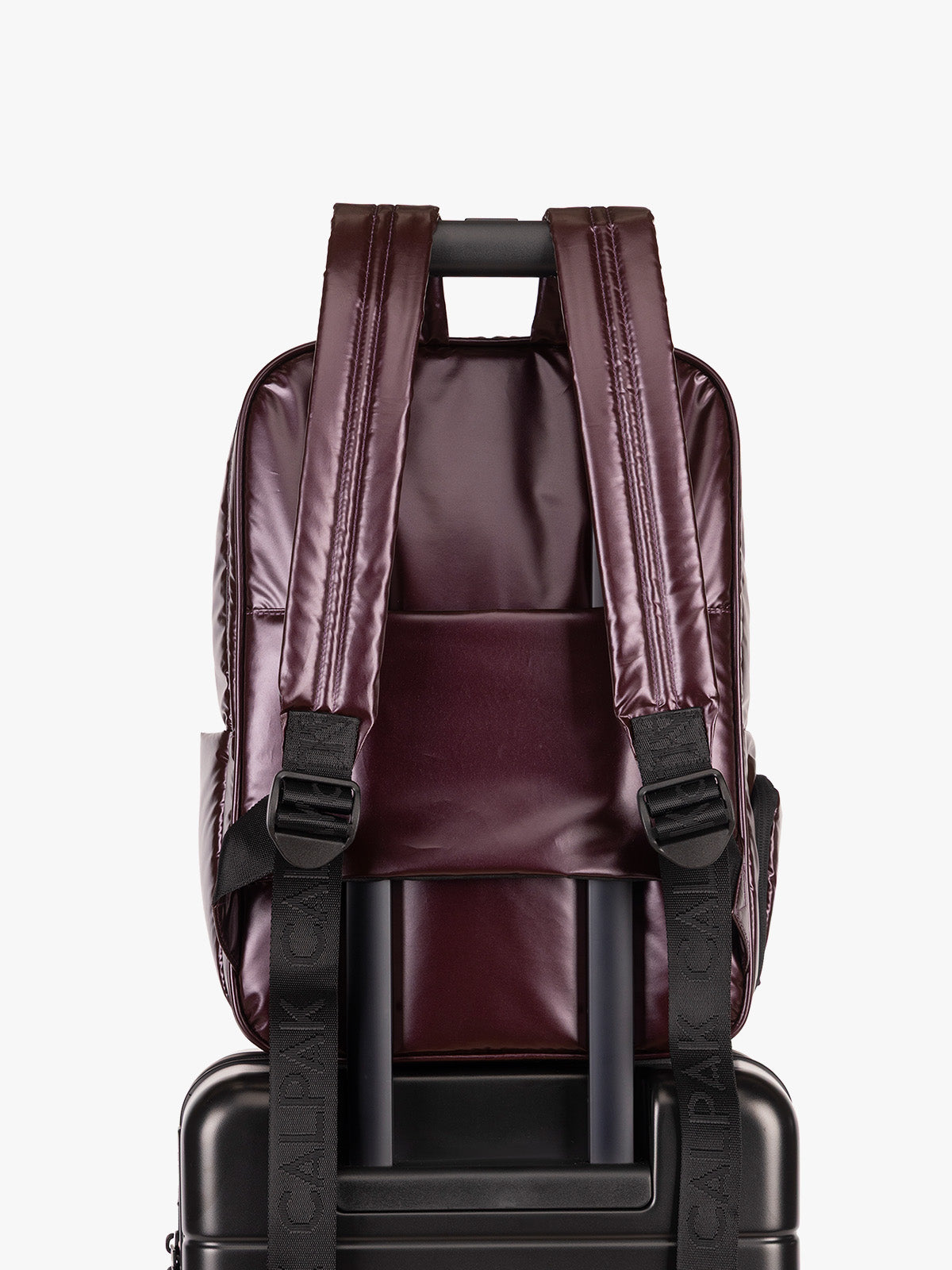 Trolley sleeve CALPAK Luka Backpack in maroon Dark Cherry ; BPL2001-GLAZED-DARK-CHERRY