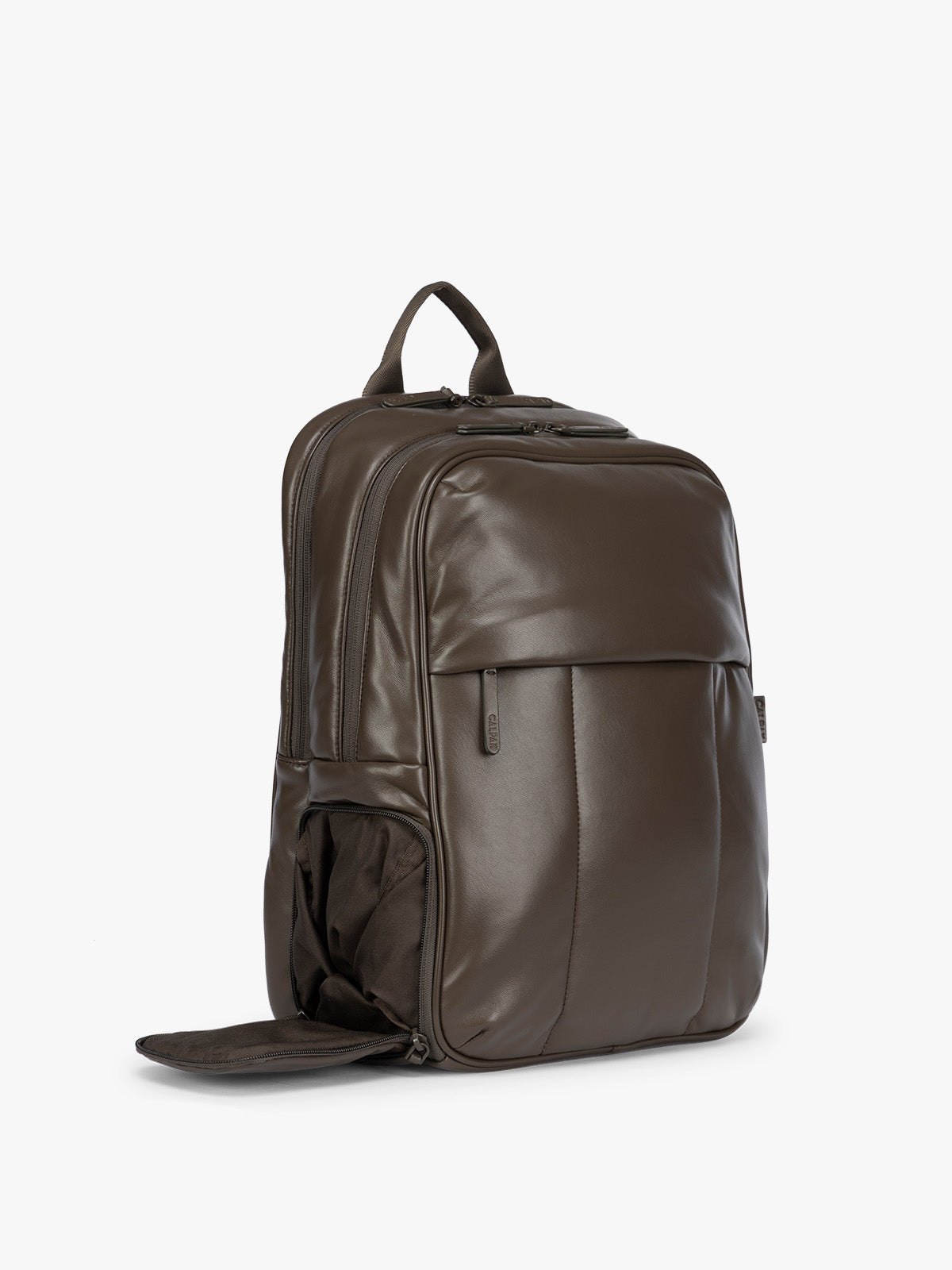 Side shoe compartment of CALPAK Mushroom brown Luka 15 inch Laptop Backpack in vegan leather with a glossy finish, featuring a top carry handle, a main zippered compartment, and a front slip pocket, shown against a plain white background; BPL2001-MUSHROOM-PU