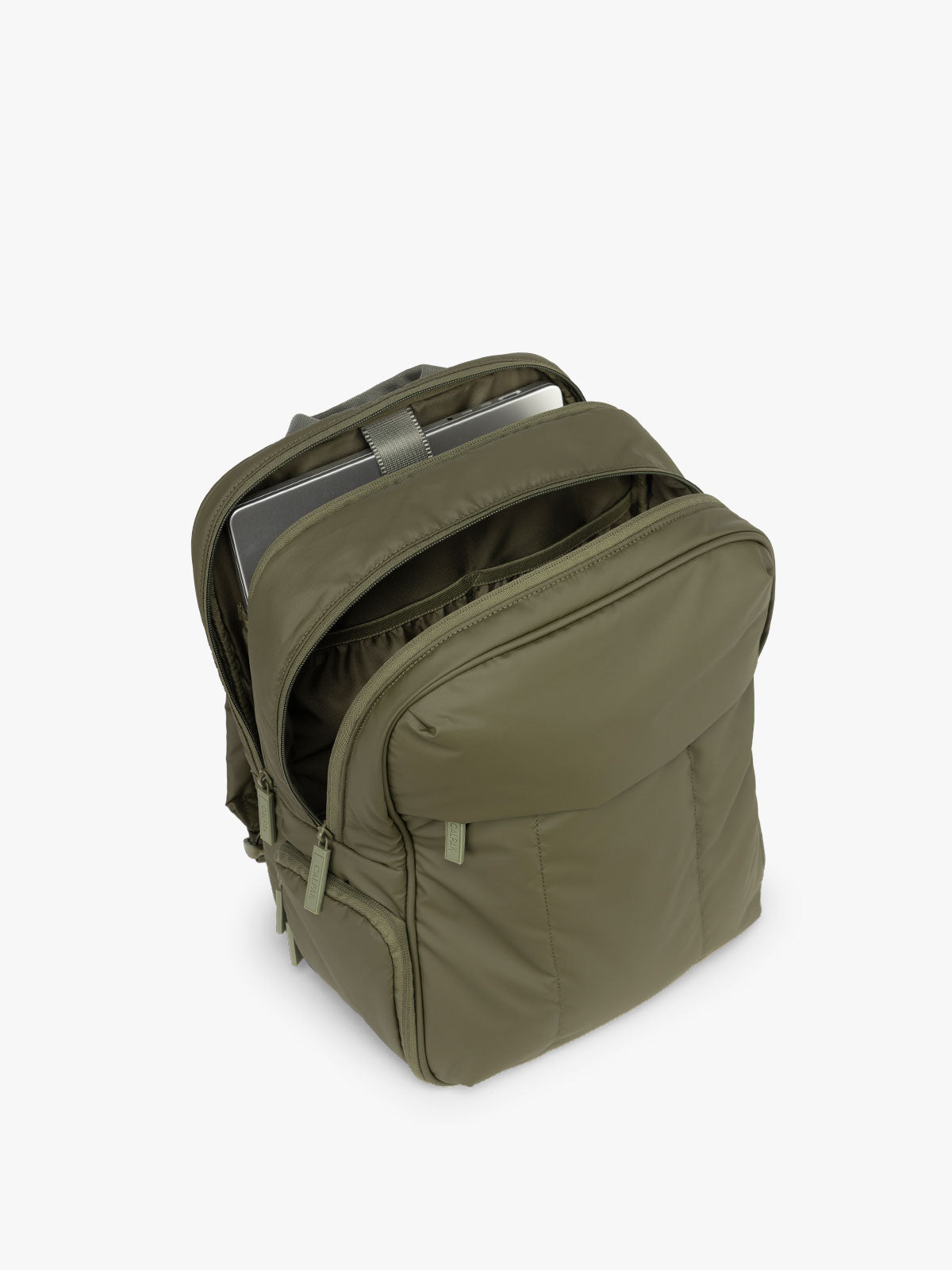 CALPAK Luka 15in Laptop Backpack  opened with laptop in dark green Pine; BPL2001-PINE