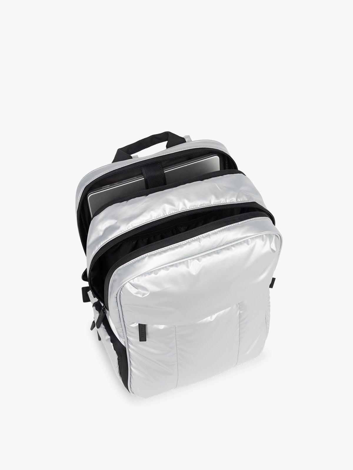 Top view of CALPAK Luka Backpack in Silver; BPL2001-SILVER