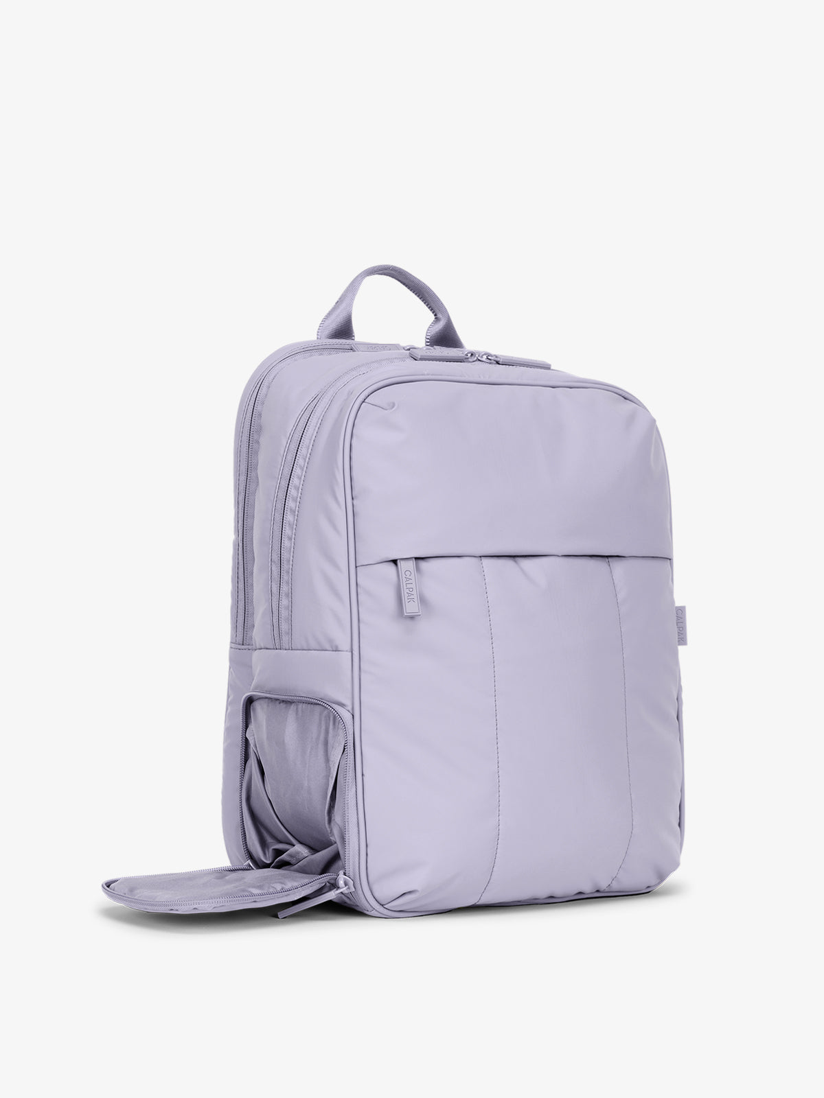 CALPAK Luka 15 inch Laptop Backpack side view with bottom compartment in lavender purple in Orchid; BPL2001-ORCHID