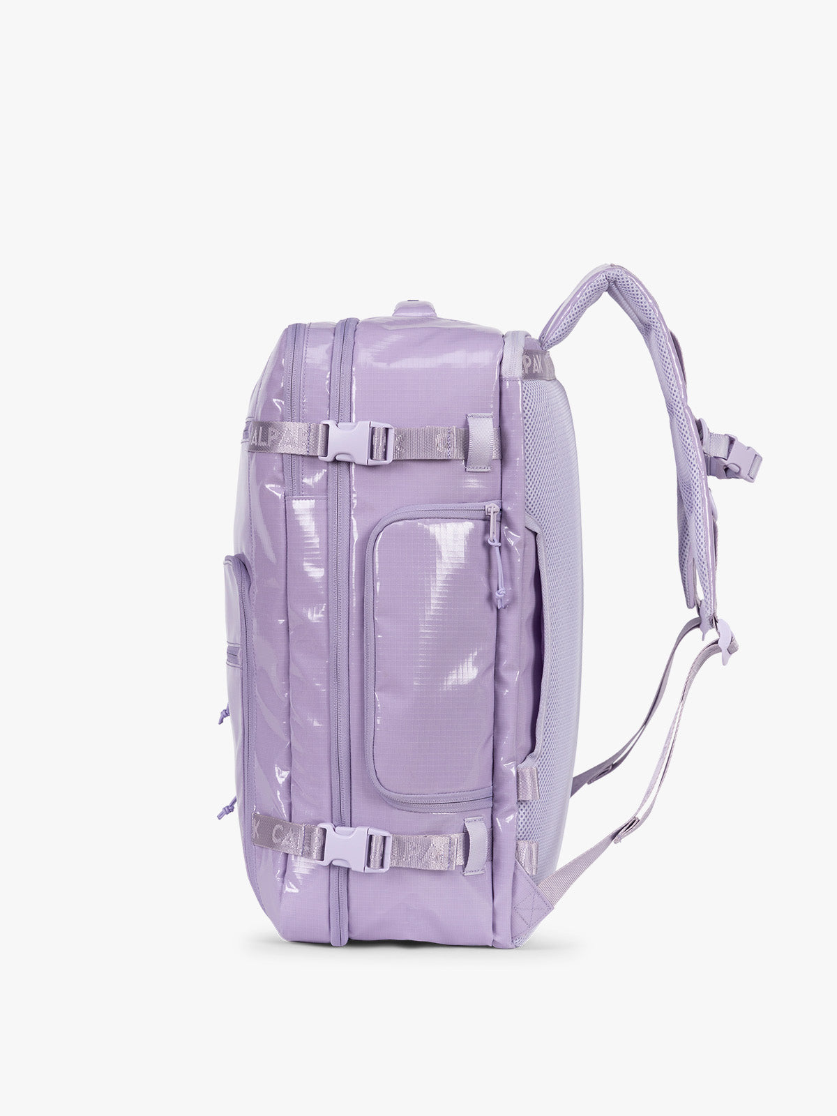 Side view of CALPAK Terra 35L Laptop Backpack Duffel in lavender Amethyst on a white background; BPTL2601-AMETHYST