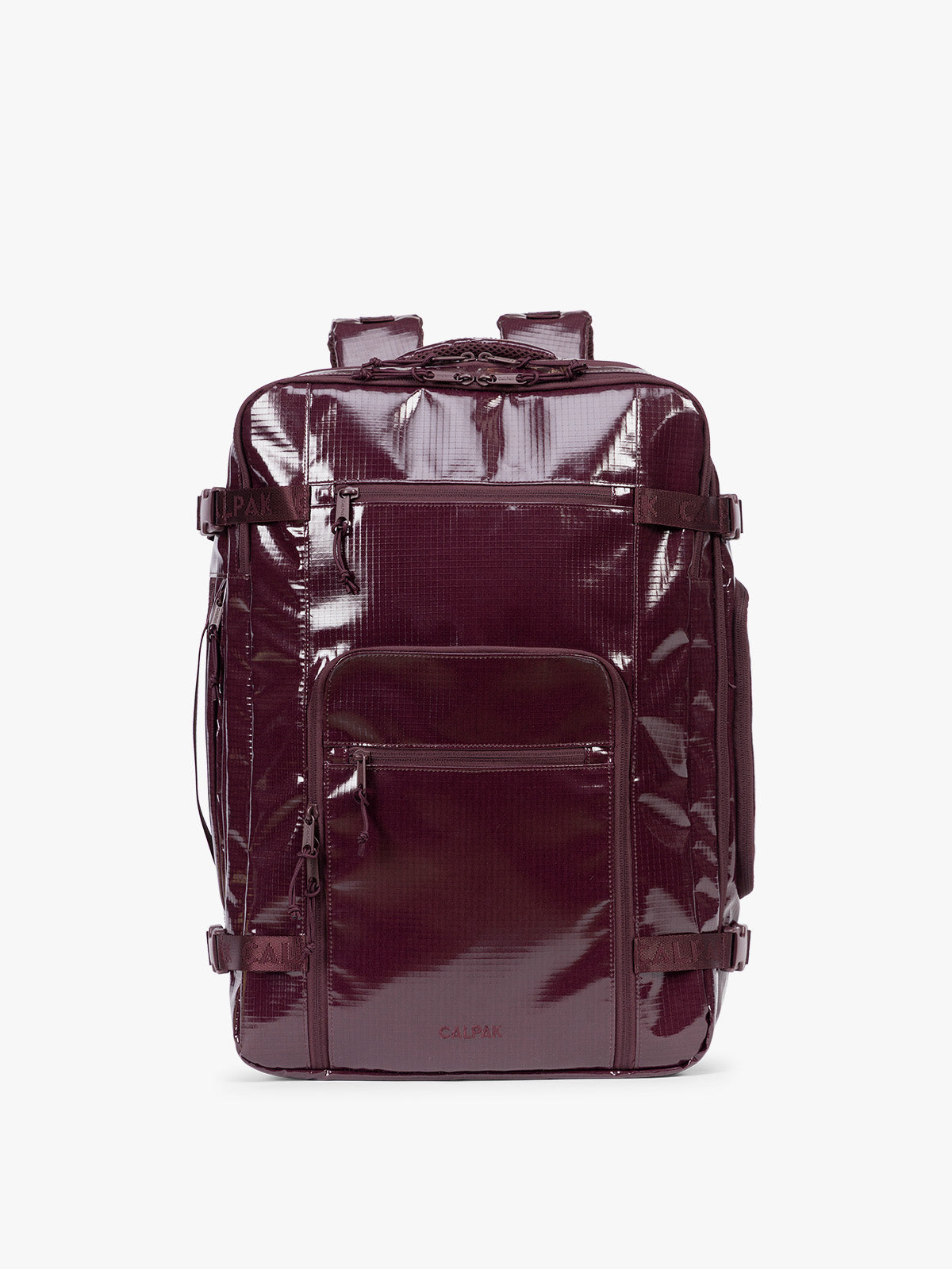 CALPAK Terra 35L Laptop Backpack Duffel in dark red Dark Cherry with tan accents on a white background; BPTL2601-DARK-CHERRY