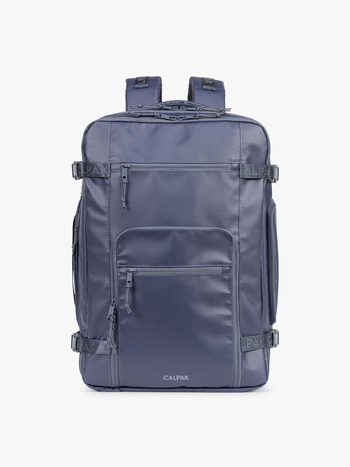 CALPAK Terra 35L Laptop Backpack Duffel in matte dark blue Indigo with tan accents on a white background; BPTL2601-INDIGO
