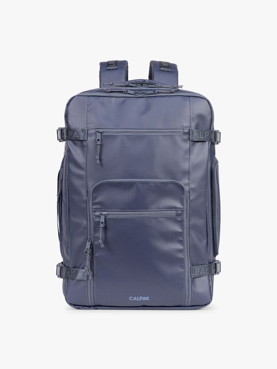CALPAK Terra 35L Laptop Backpack Duffel in matte dark blue Indigo with tan accents on a white background; BPTL2601-INDIGO