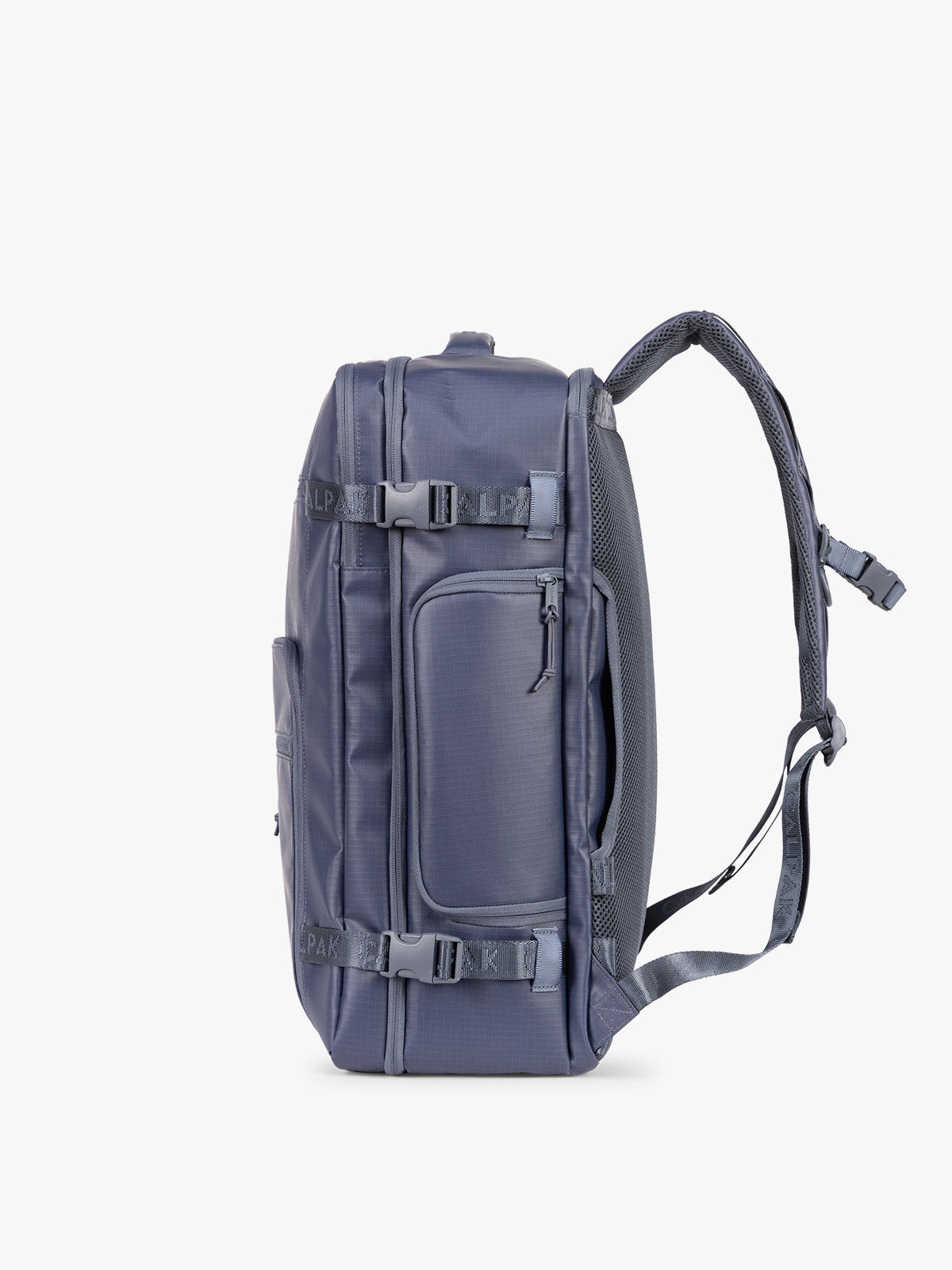 Side view of CALPAK Terra 35L Laptop Backpack Duffel in matte dark blue Indigo with tan accents on a white background; BPTL2601-INDIGO