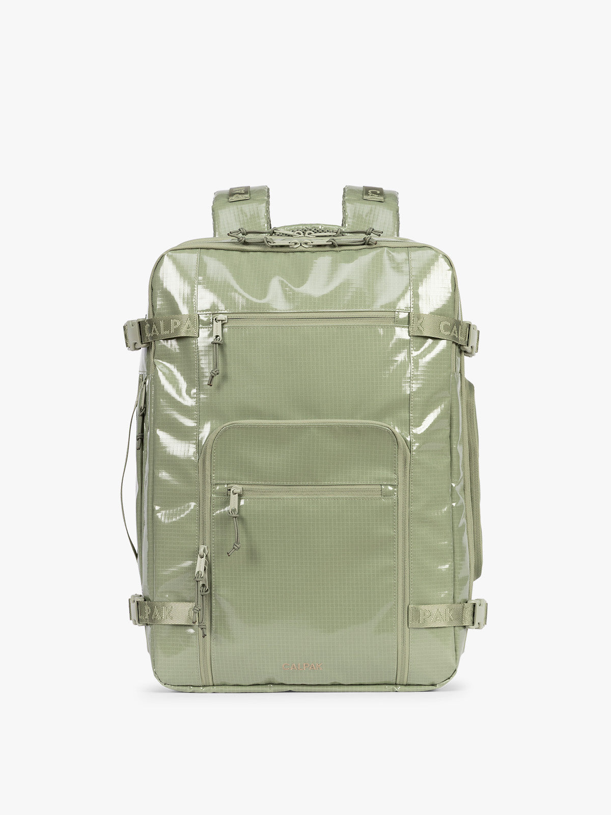 CALPAK Terra 35L Laptop Backpack Duffel in olive green Juniper on a white background; BPTL2601-JUNIPER