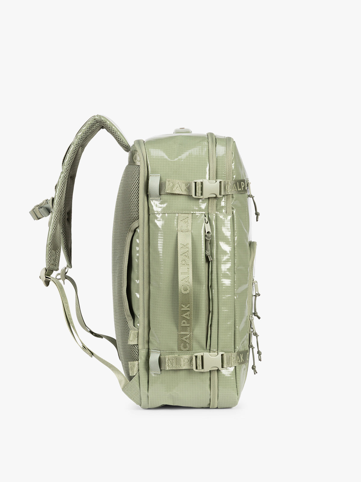 Side view of CALPAK Terra 35L Laptop Backpack Duffel in olive green Juniper on a white background; BPTL2601-JUNIPER