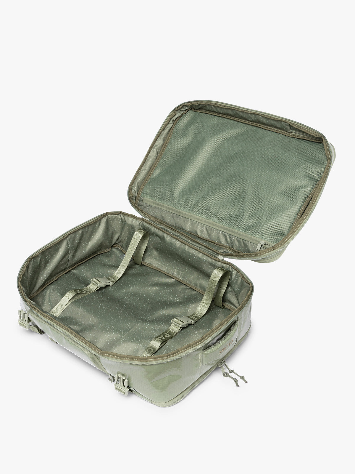 Opened CALPAK Terra 35L Laptop Backpack Duffel in olive green Juniper on a white background; BPTL2601-JUNIPER