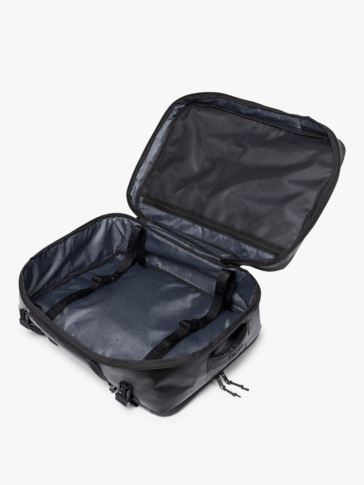 Opened CALPAK Terra 35L Laptop Backpack Duffel in matte black Obsidian on a white background;  BPTL2601-MATTE-OBSIDIAN