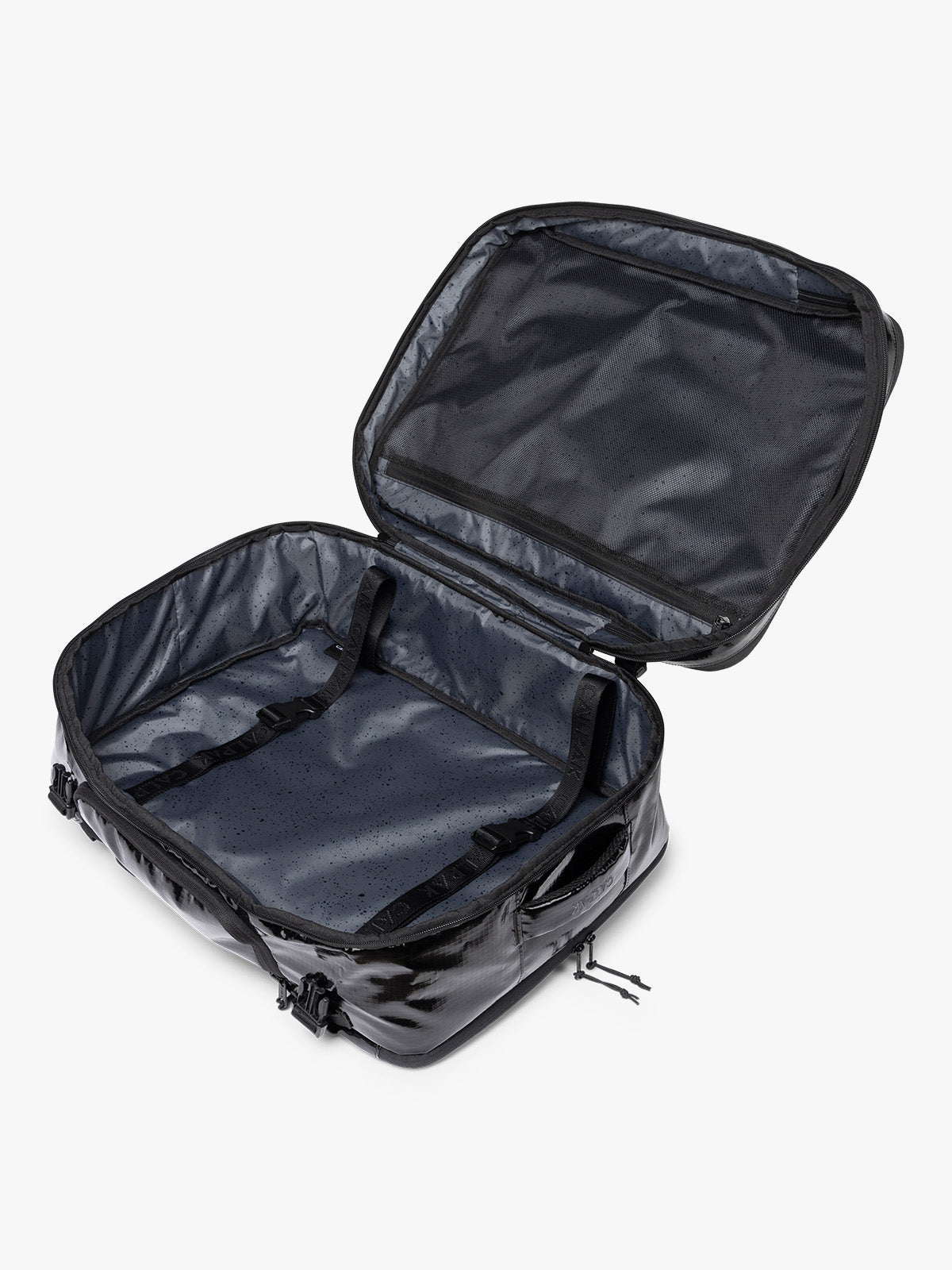 Opened  CALPAK Terra 35L Laptop Duffel Backpack in shiny black Obsidian on a white background; BPTL2601-OBSIDIAN