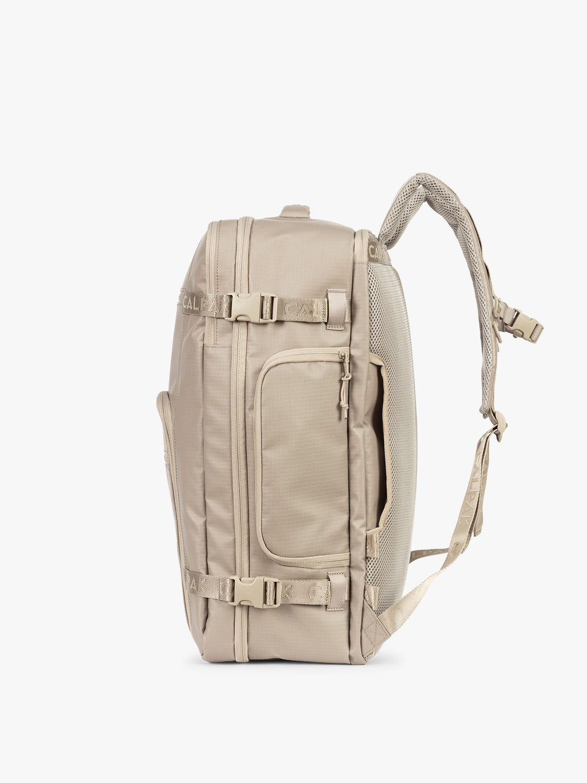 Side view of CALPAK Terra 35L Laptop Backpack Duffel in beige Stone on a white background; BPTL2601-STONE