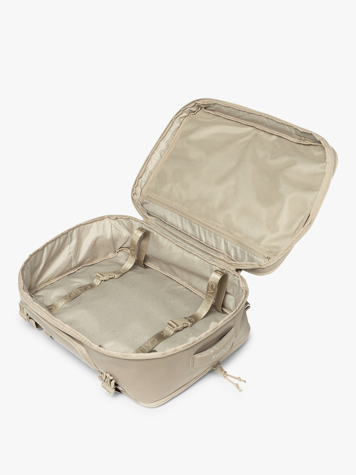Opened CALPAK Terra 35L Laptop Backpack Duffel in beige Stone on a white background; BPTL2601-STONE