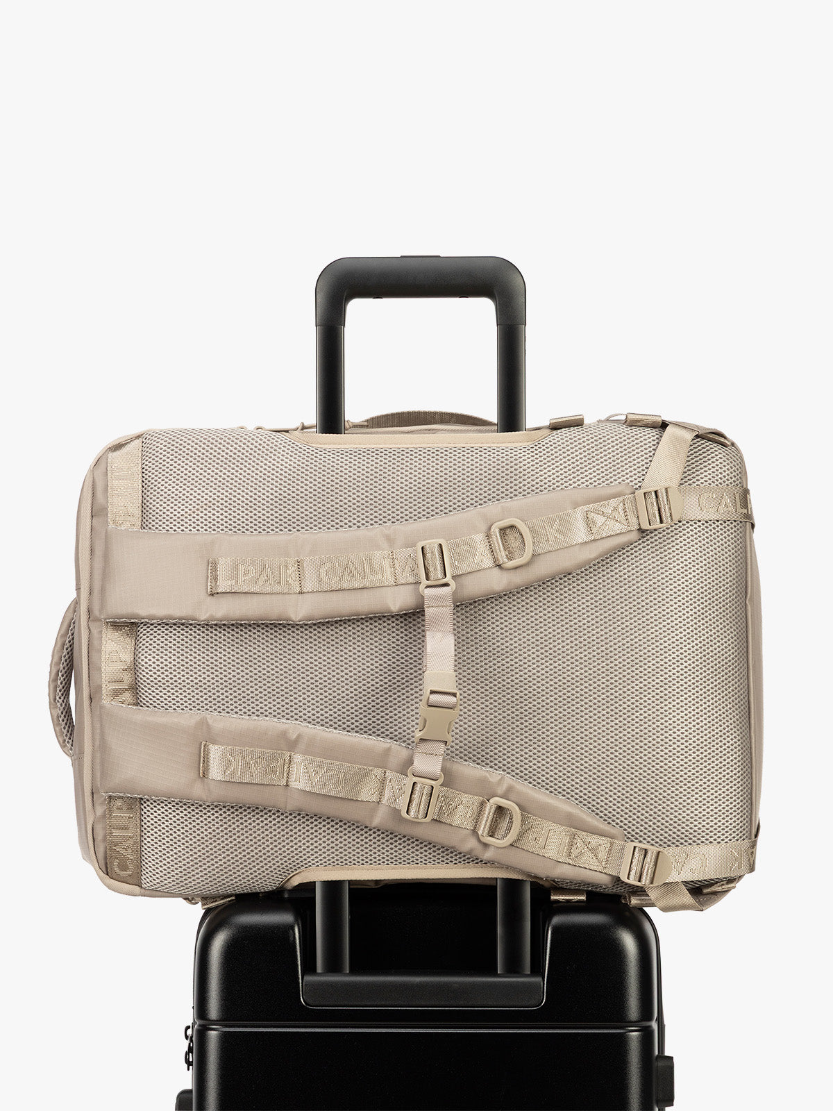 Back trolley sleeve of CALPAK Terra 35L Laptop Backpack Duffel in beige Stone on a white background; BPTL2601-STONE