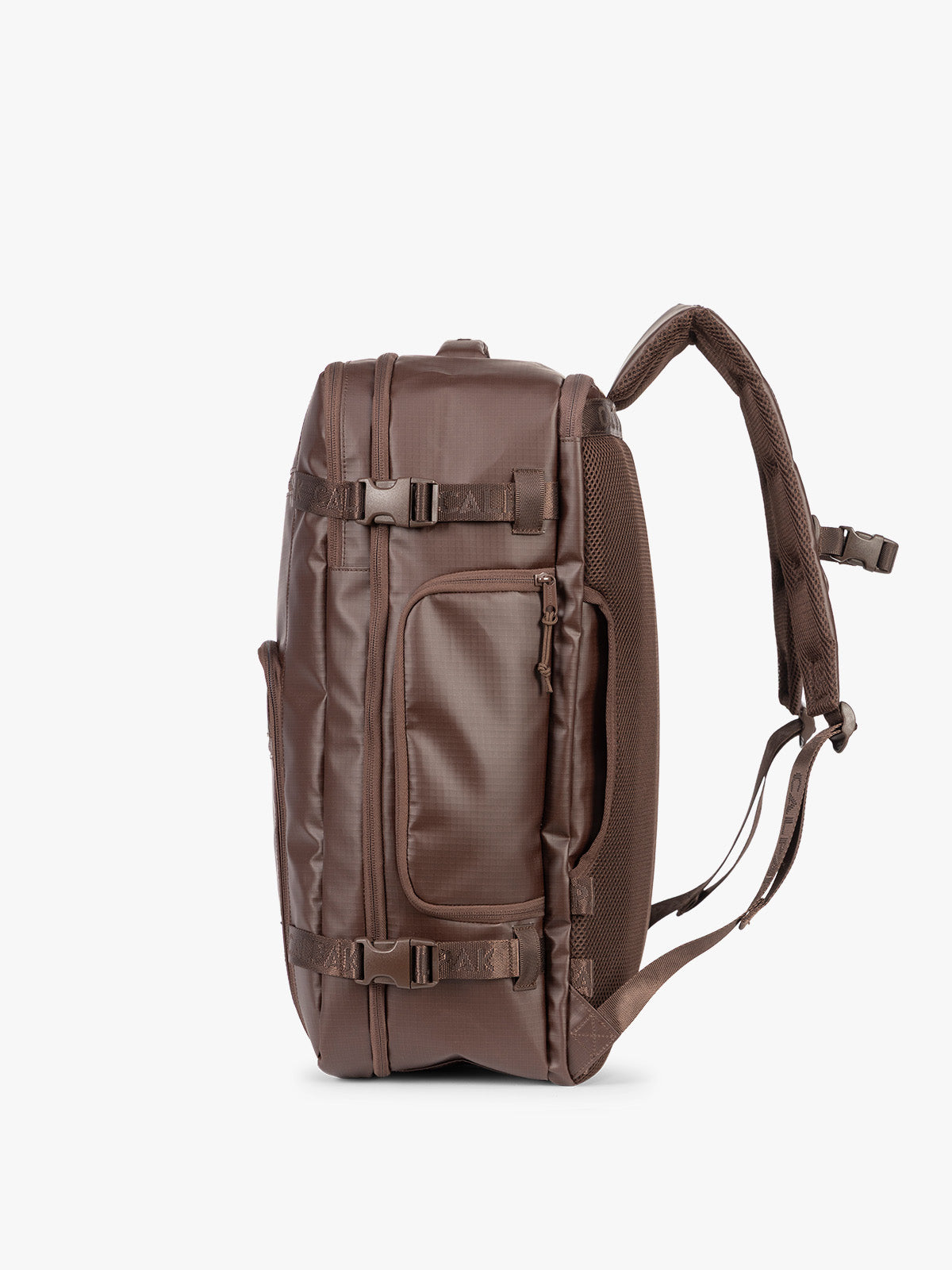 Side view of CALPAK Terra 35L Laptop Backpack Duffel in matte brown Walnut on a white background; BPTL2601-WALNUT
