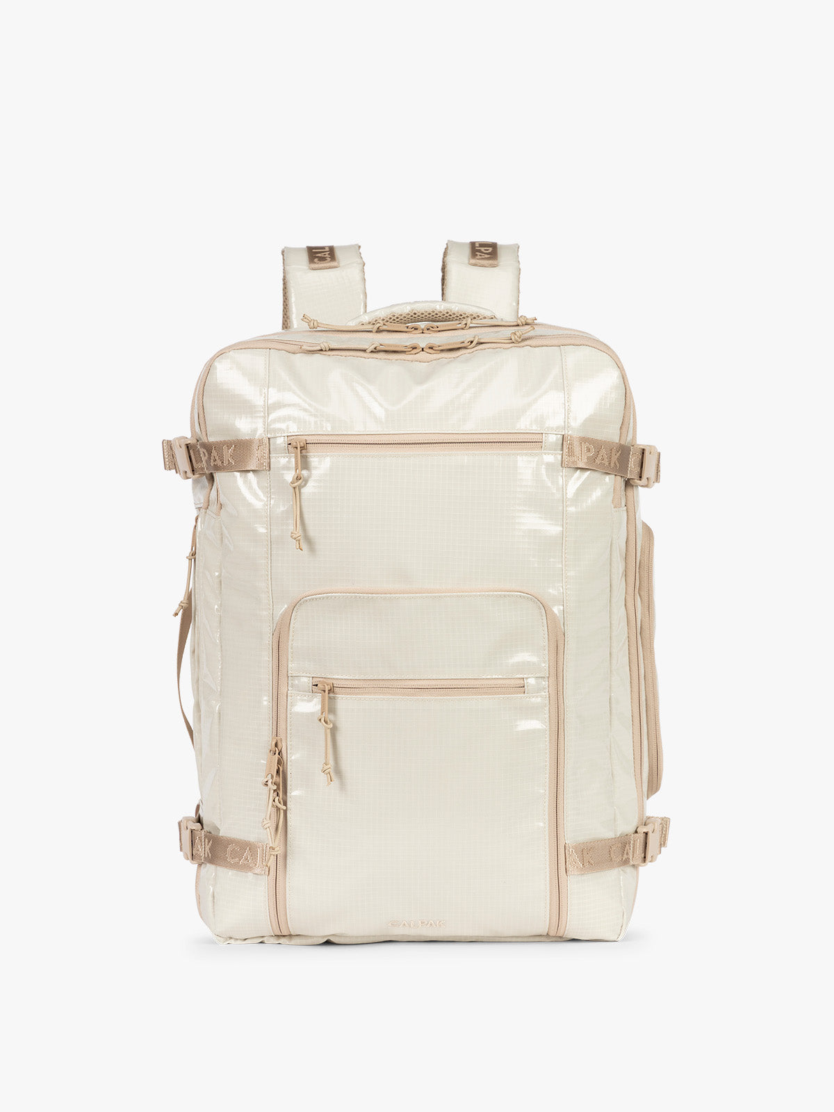 CALPAK Terra 35L Laptop Backpack Duffel in off-white White Sands with tan accents on a white background; BPTL2601-WHITE-SANDS