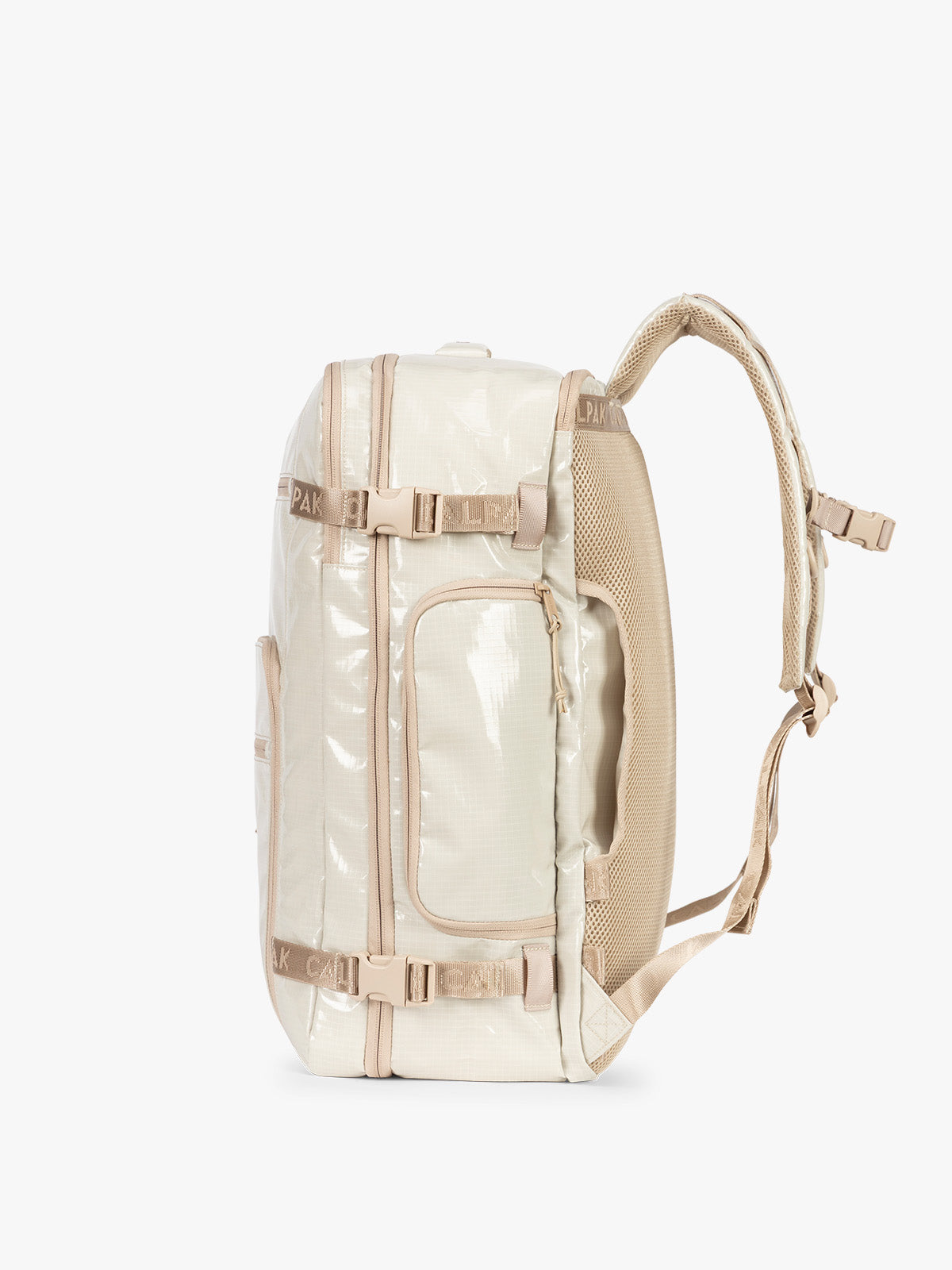 Side view of CALPAK Terra 35L Laptop Backpack Duffel in off-white White Sands with tan accents on a white background; BPTL2601-WHITE-SANDS