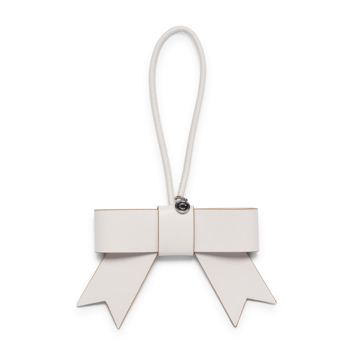 White Vanilla color CALPAK Personalized Bow Bag Charm with a top loop, featuring a silver-tone metal ring set against a plain light gray background ; BWBC2601-VANILLA