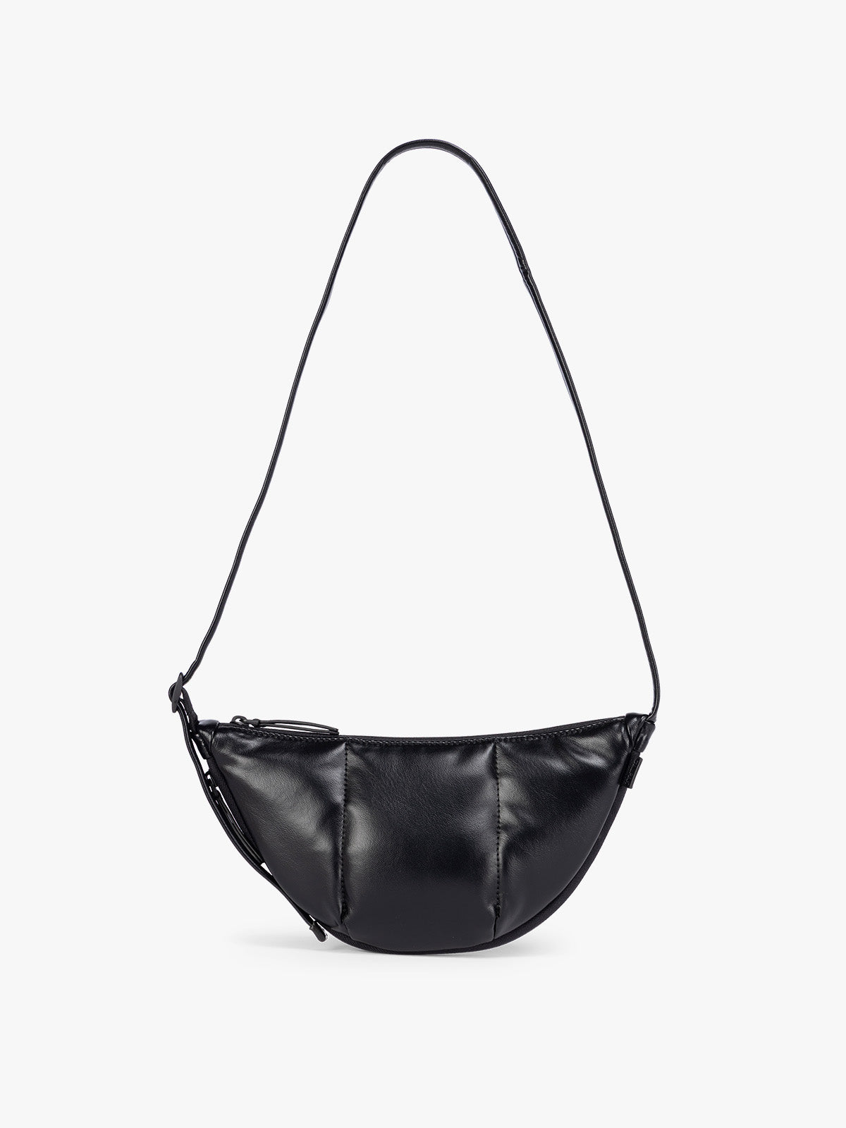 Black vegan leather Luka Crescent shoulder bag with a long thin strap, shown against a plain light gray background; CBL2601-BLACK-PU