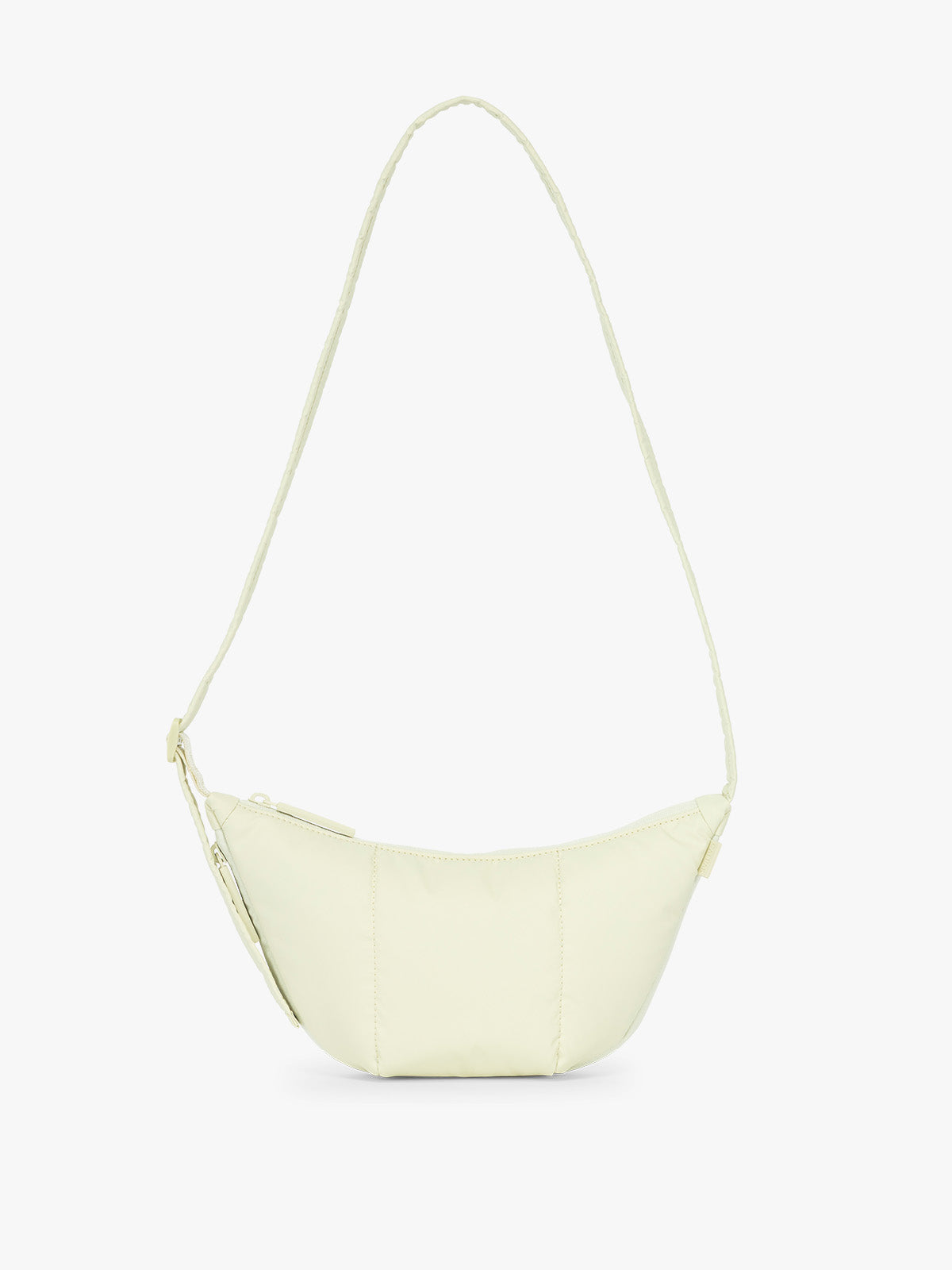 CALPAK Luka Crescent Tote bag in light green Celadon with shoulder strap and bag is expandable up to 2" on a white background; CBL2601-CELADON