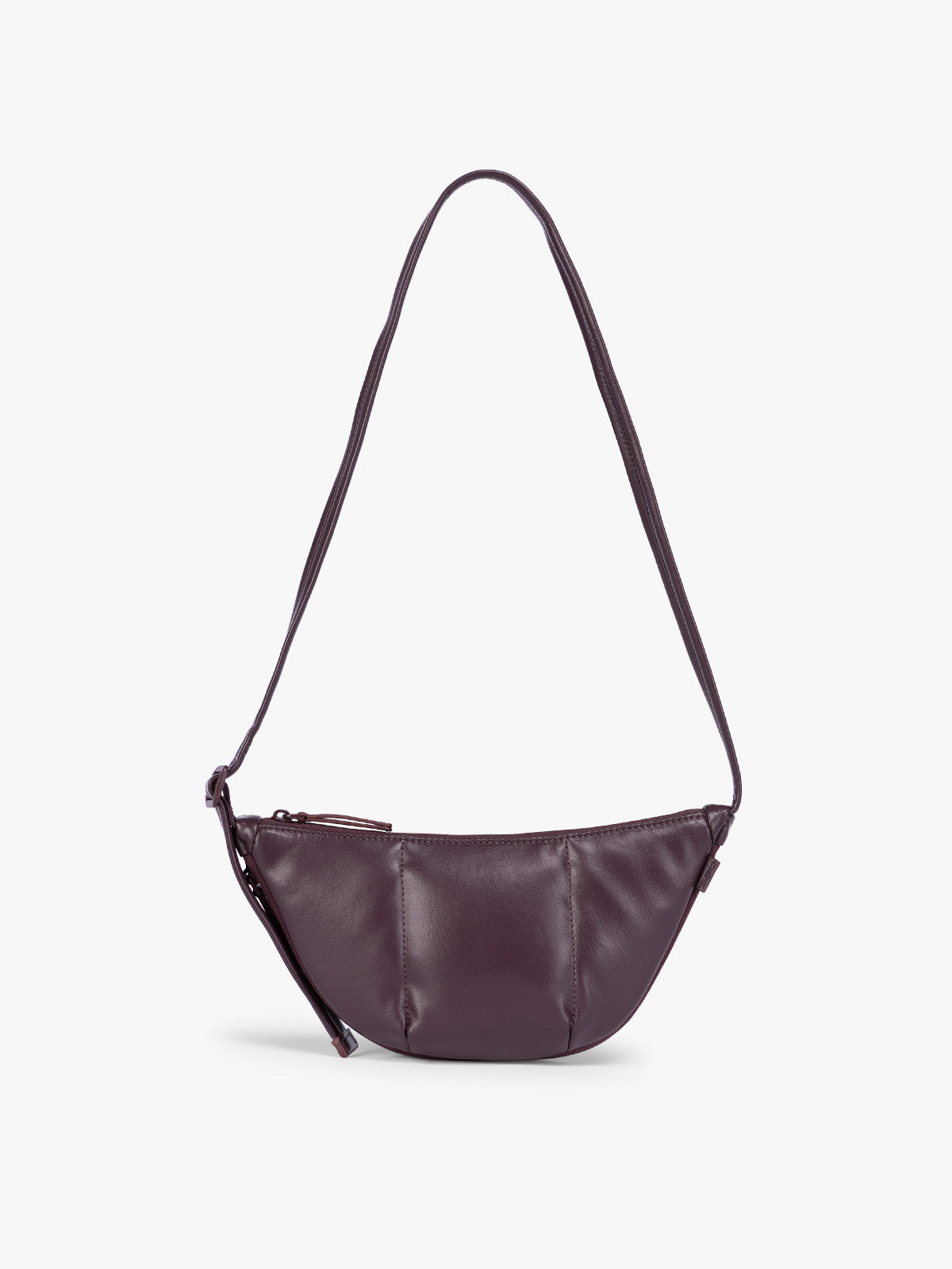 Dark Cherry deep burgundy vegan leather Luka Crescent shoulder bag with a long thin strap, shown against a plain light gray background; CBL2601-DARK-CHERRY-PU
