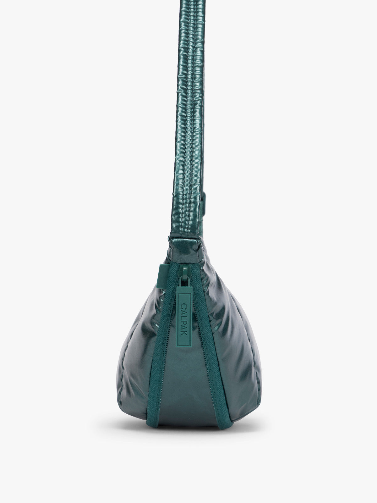 Size expandable zipper of CALPAK Luka Crescent Bag in dark green shiny Kale; CBL2601-GLAZED-KALE