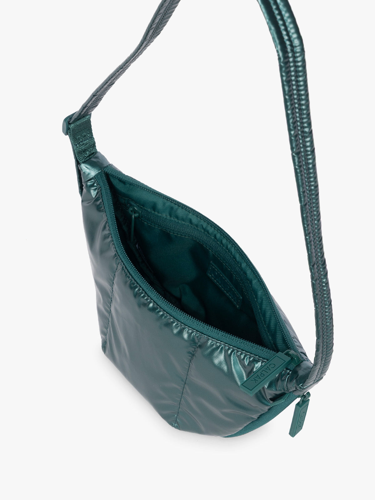 Opened CALPAK Luka Crescent Bag in dark green shiny Kale; CBL2601-GLAZED-KALE