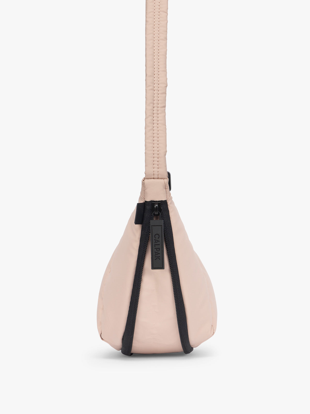 Side expandable zipper of CALPAK Luka Crescent Bag in light pink Rose Quartz; CBL2601-ROSE-QUARTZ
