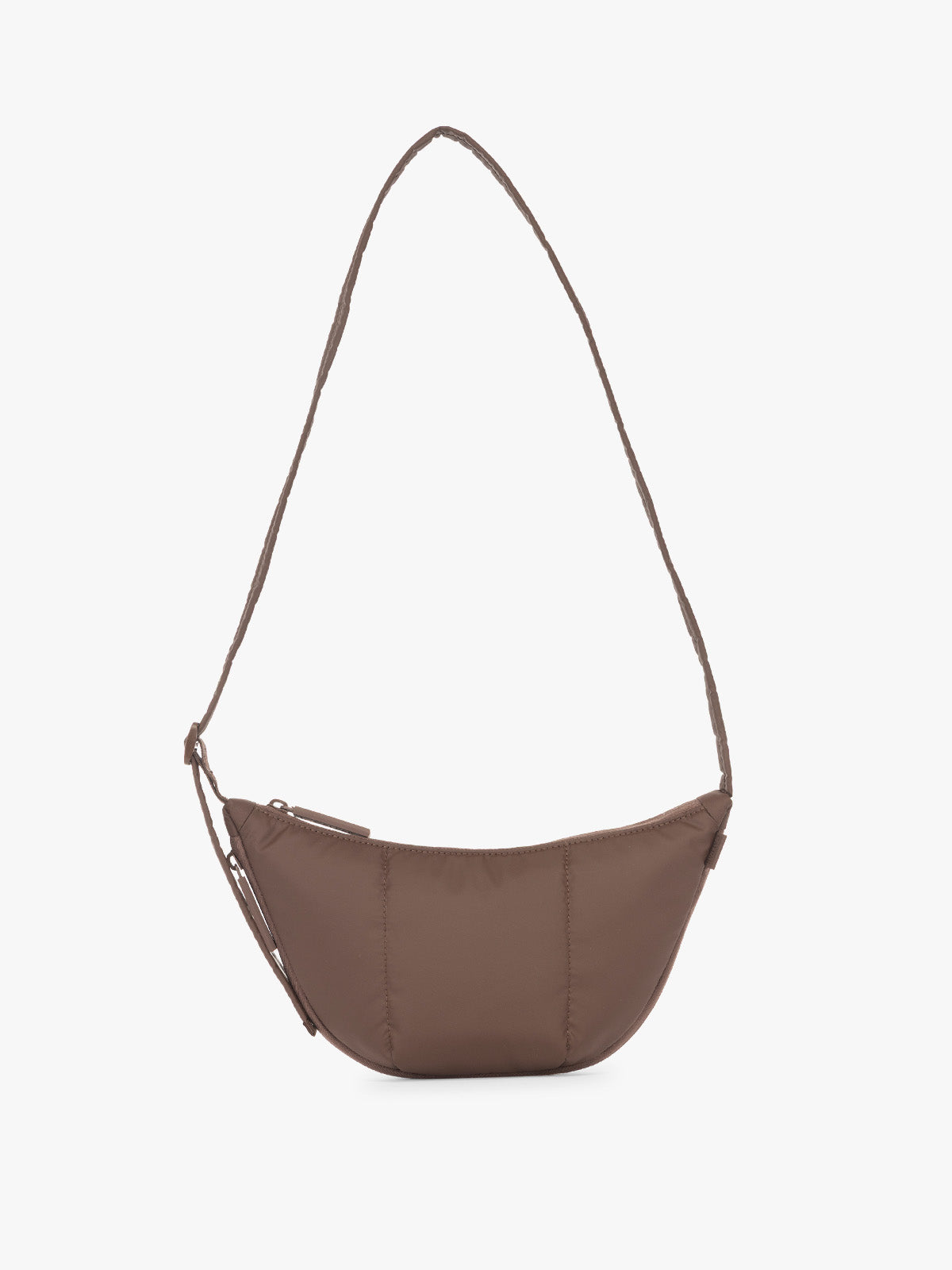 CALPAK Luka Crescent Tote bag in brown Walnut with shoulder strap and bag is expandable up to 2" on a white background; CBL2601-WALNUT