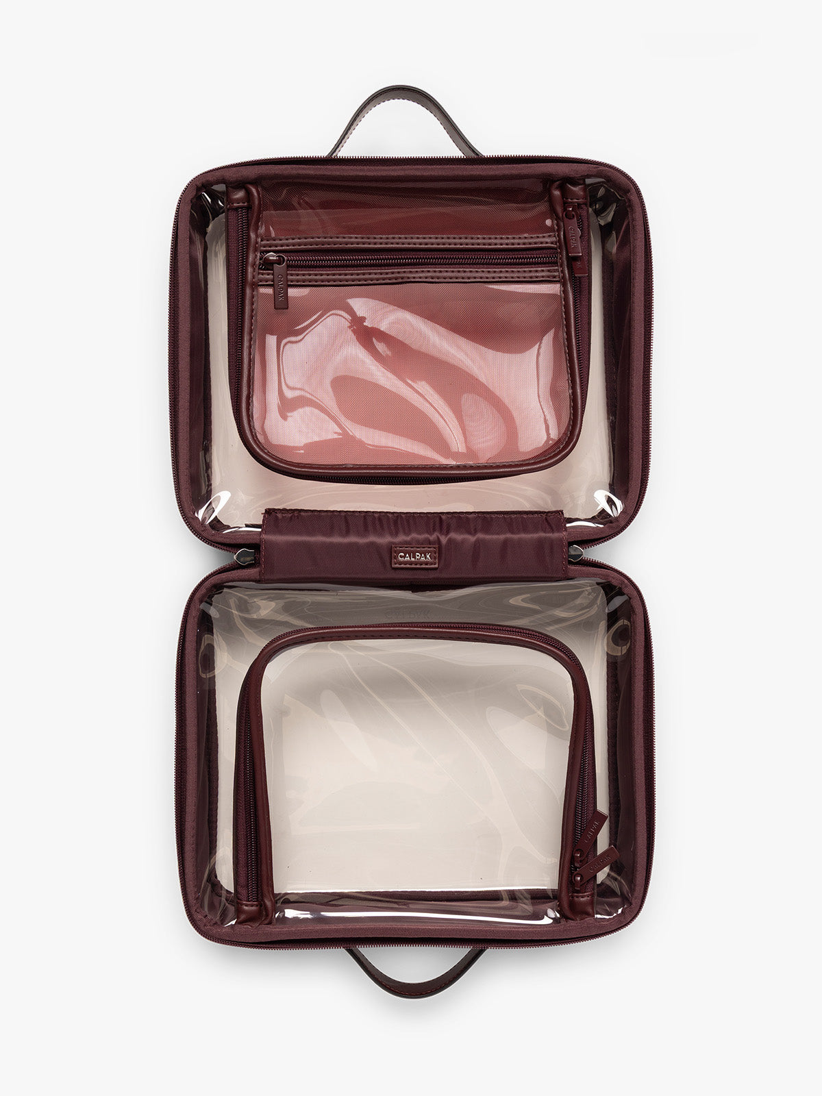 Opened view of CALPAK Large Clear Cosmetics Case in maroon Glazed Dark Cherry; CCC2001-GLAZED-DARK-CHERRY
