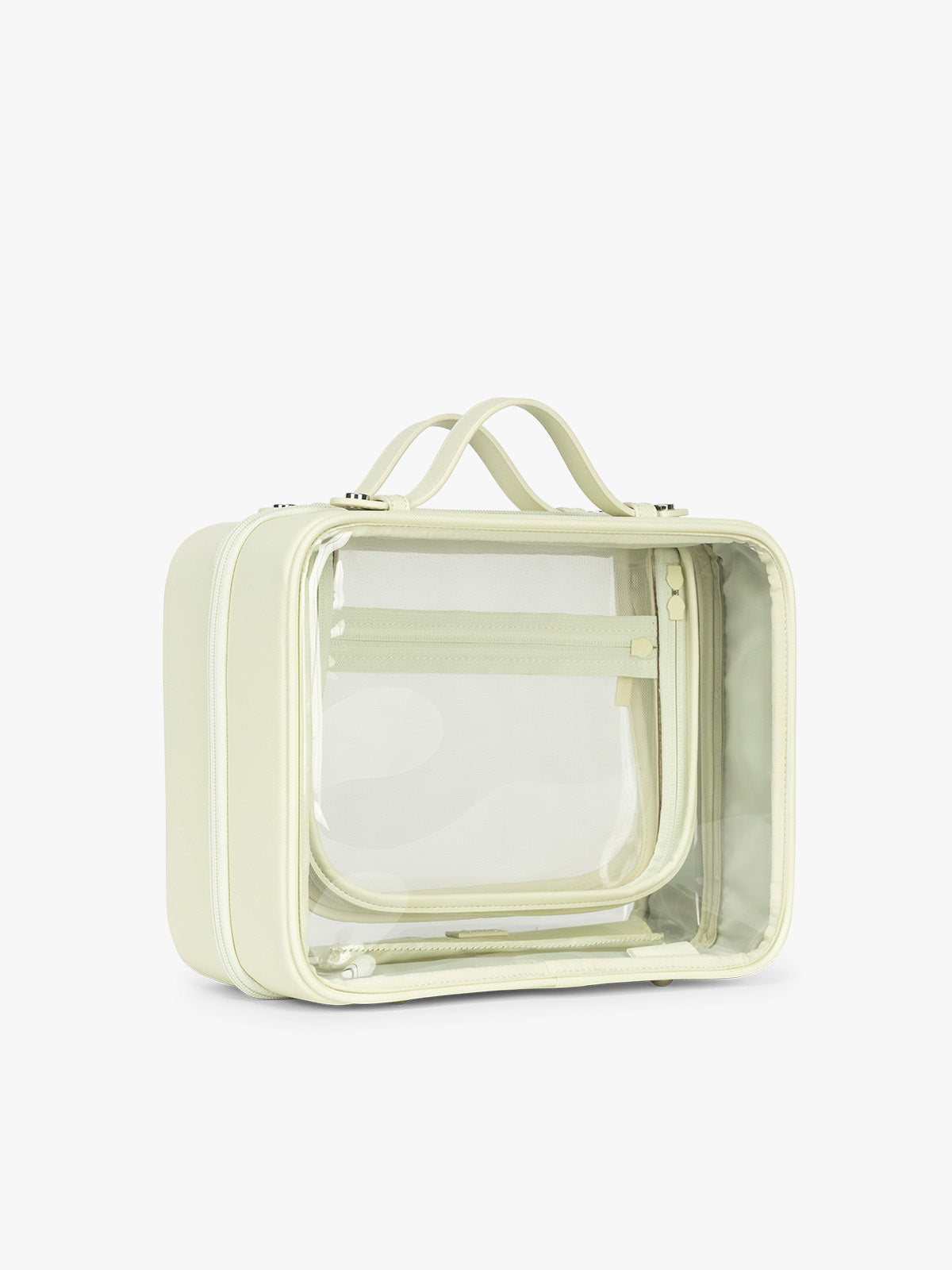 Side view of CALPAK Large Clear Cosmetic Case in light green Celadon ; CCC2001-CELADON