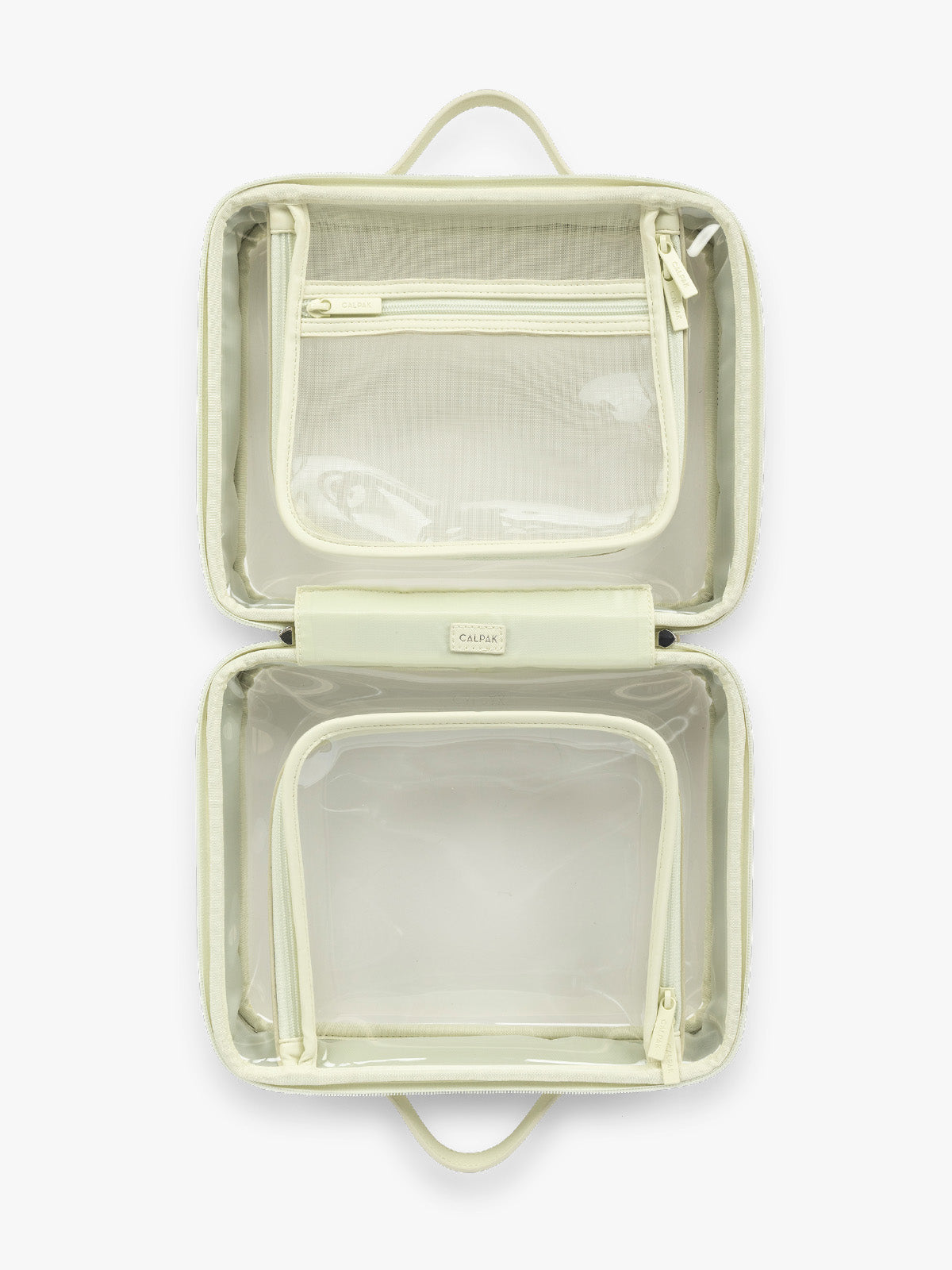 Opened view of CALPAK Large Clear Cosmetic Case in light green Celadon ; CCC2001-CELADON