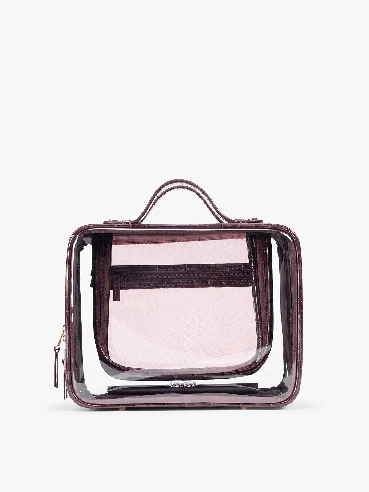 CALPAK Large Clear Cosmetics Case in deep red Dark Cherry against a white background; CCC2001-DARK-CHERRY-FAUX-CROC