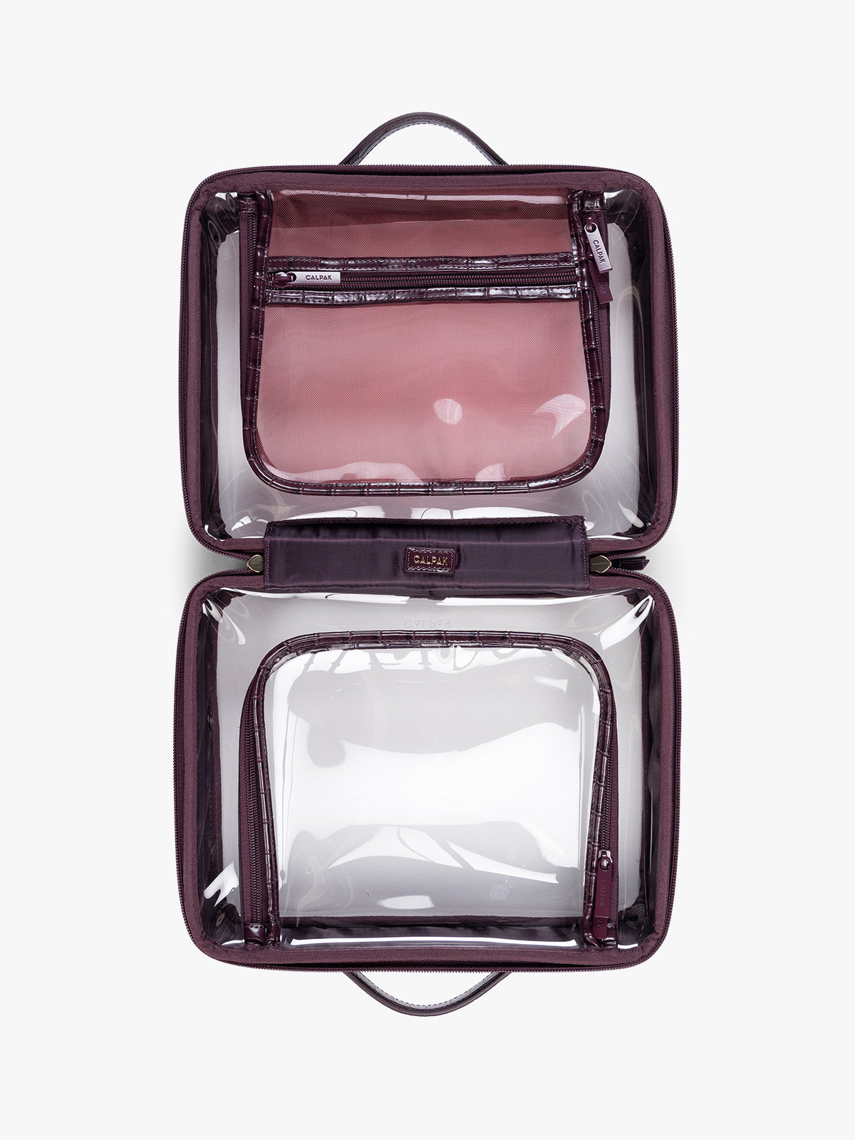 Opened view of CALPAK Large Clear Cosmetics Case in deep red Dark Cherry against a white background; CCC2001-DARK-CHERRY-FAUX-CROC