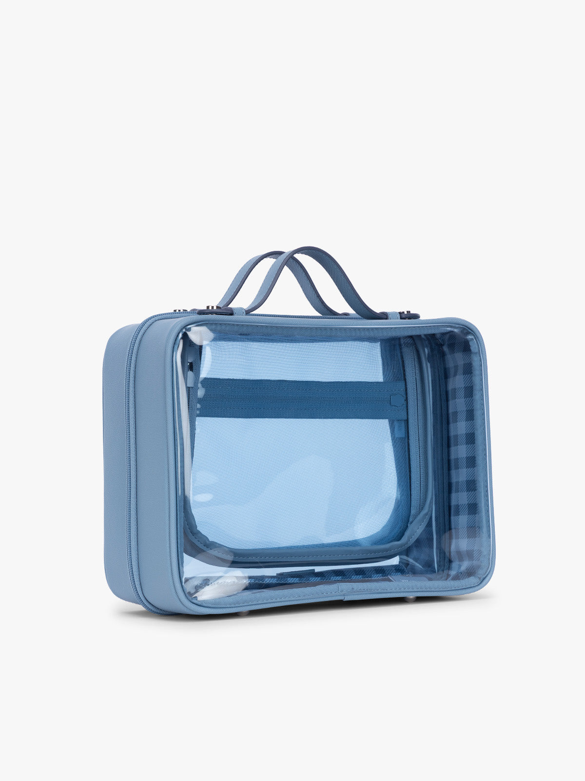 Side view of CALPAK Clear Cosmetic Case in light blue French Blue; CCC2001-FRENCH-BLUE