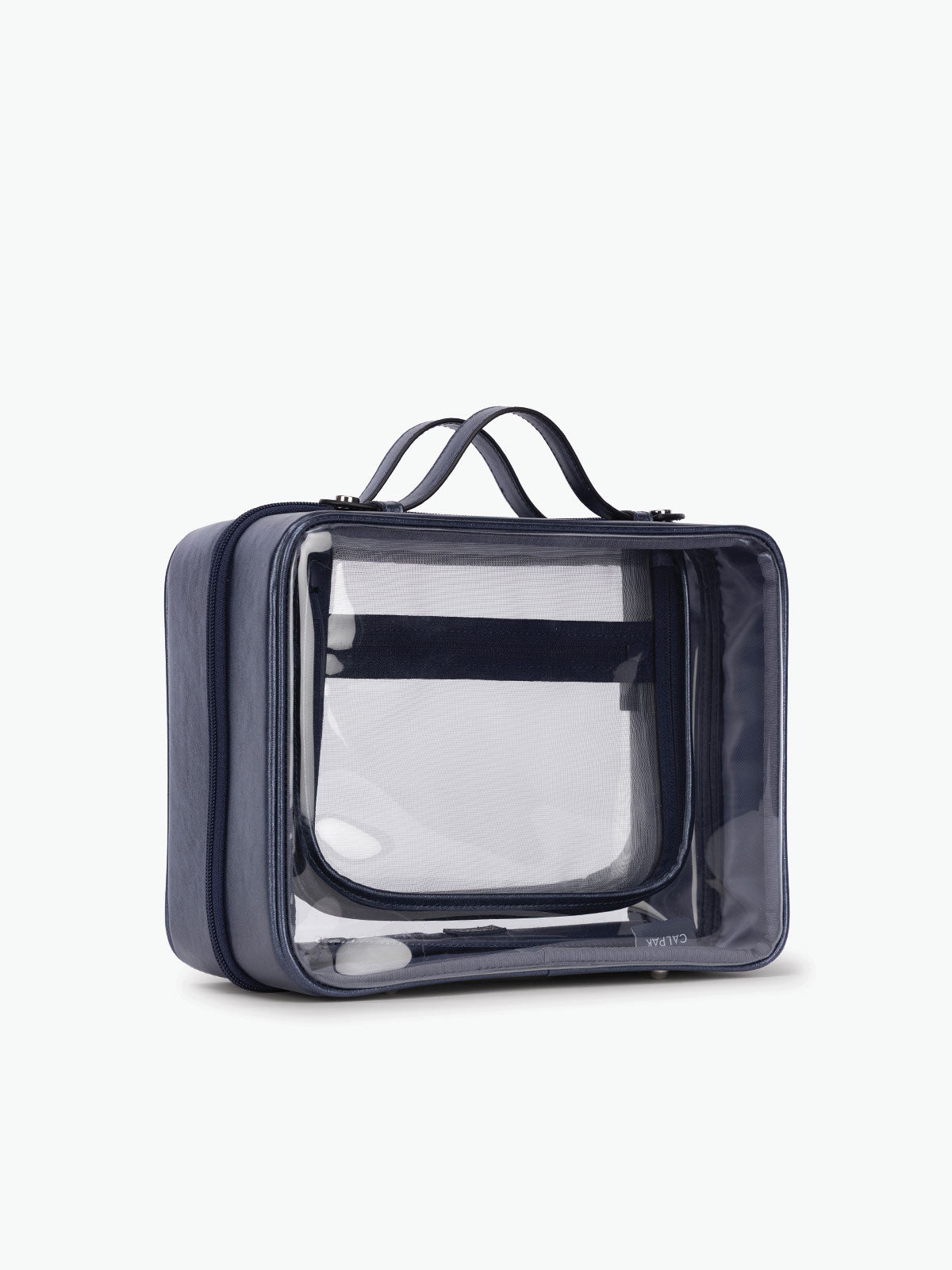 Side view of CALPAK Clear Cosmetic Case in dark blue French Blue; CCC2001-METALLIC-INDIGO