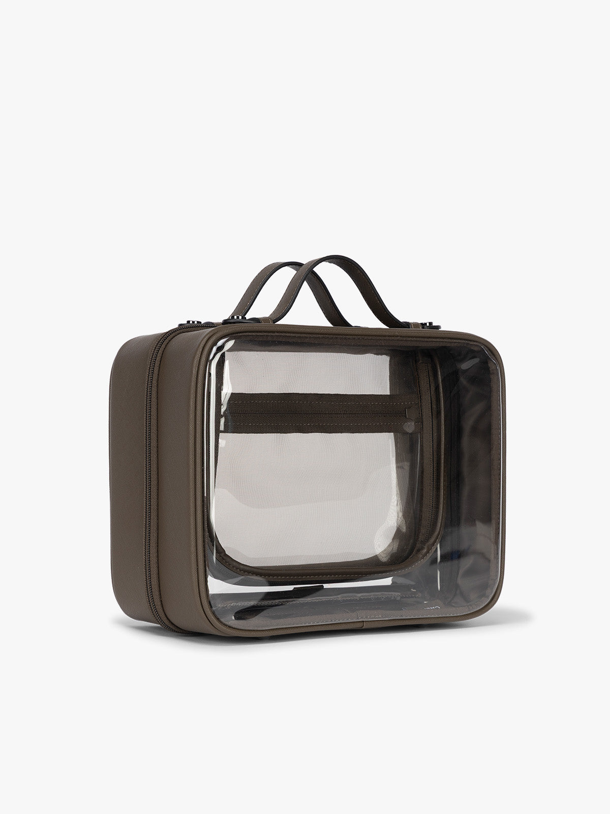 Side view of CALPAK Large Clear Cosmetic Case in brown Mushroom ; CCC2001-MUSHROOM