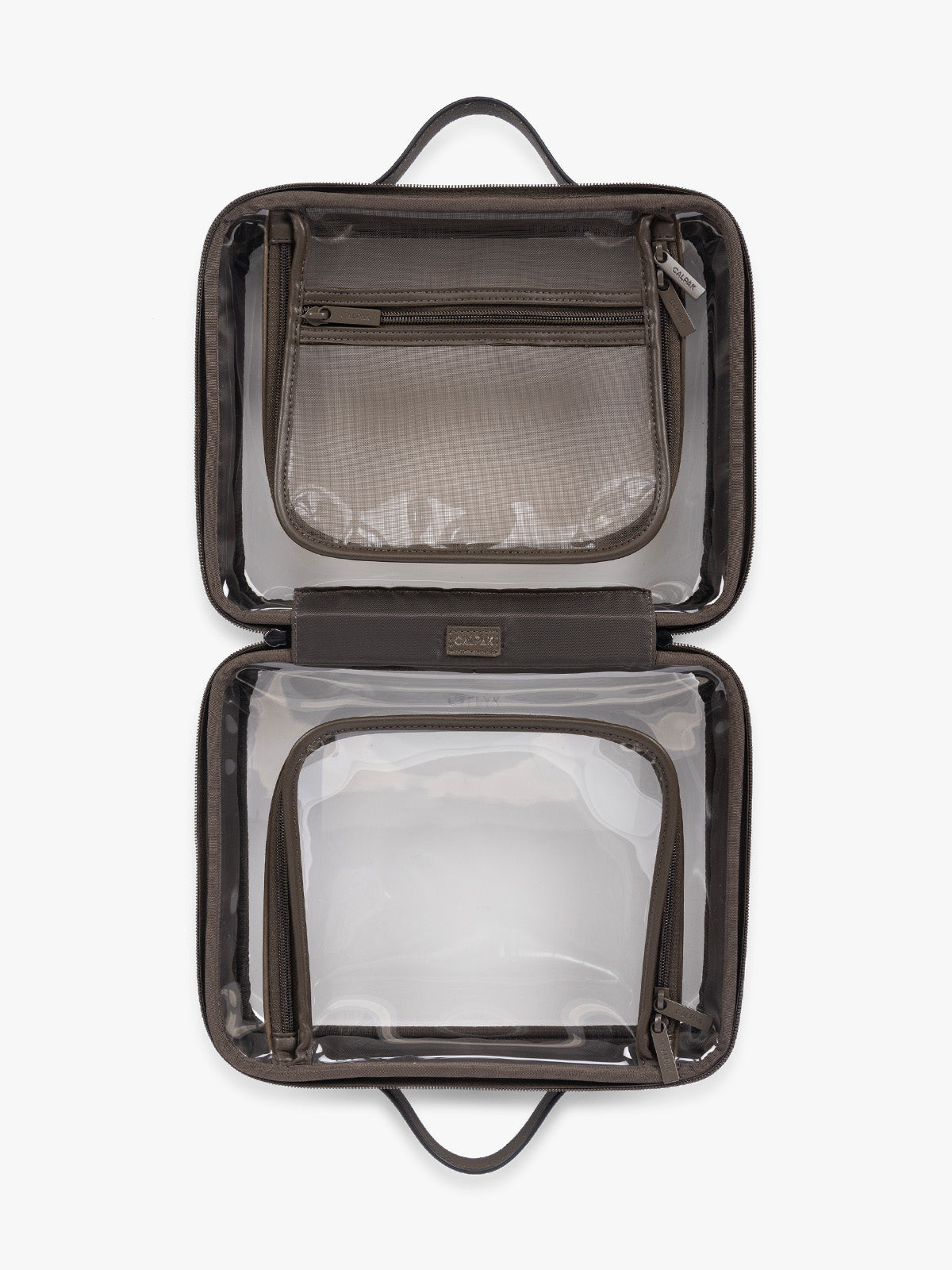 Opened view of CALPAK Large Clear Cosmetic Case in brown Mushroom ; CCC2001-MUSHROOM