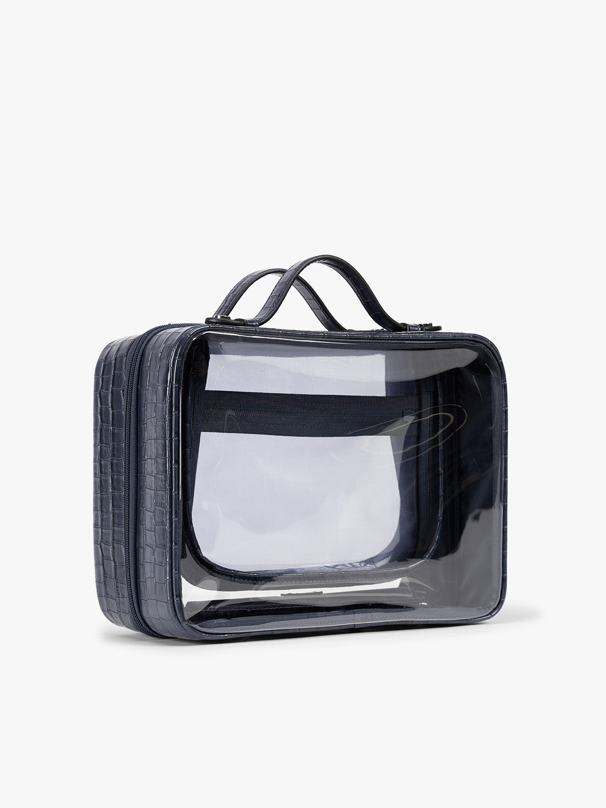 Side view of CALPAK Large Clear Cosmetics Case in deep blue Navy croc-embossed against a white background; CCC2001-NAVY-FAUX-CROC