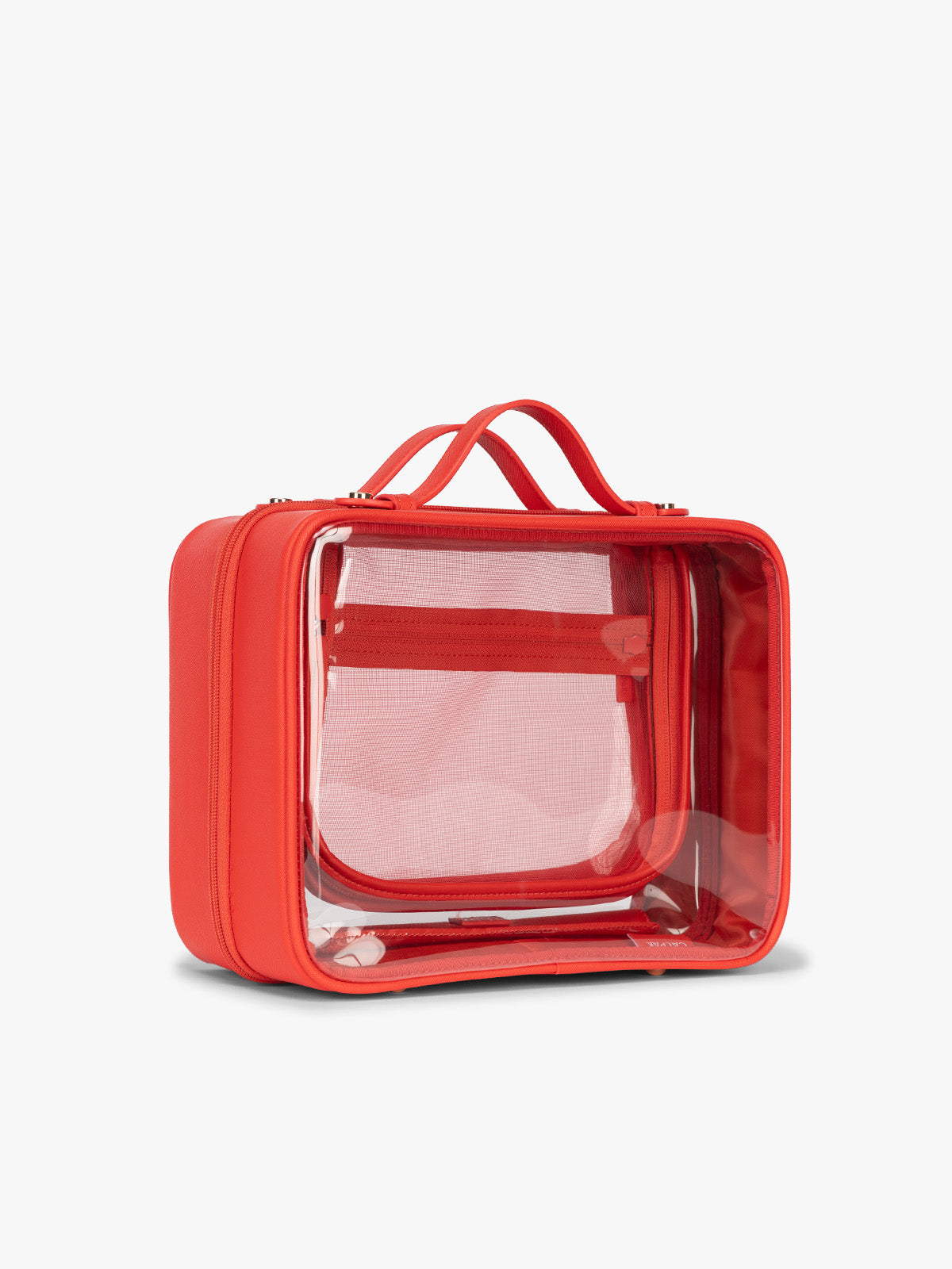 Side view of CALPAK Large Clear Cosmetic Case in red Tomato; CCC2001-TOMATO
