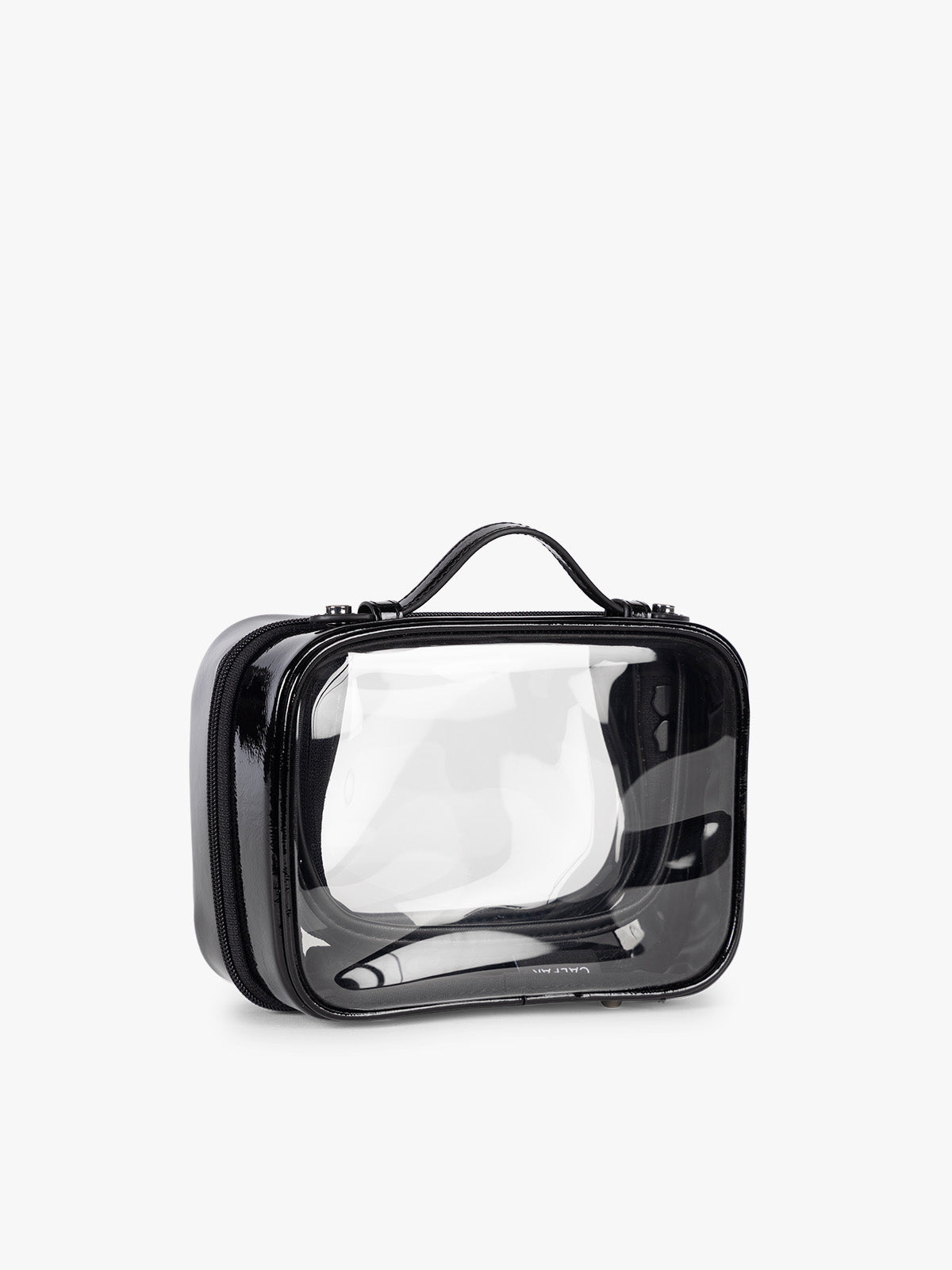 Side view of CALPAK Small Clear Cosmetic case in Glazed Black; CCM2001-GLAZED-BLACK