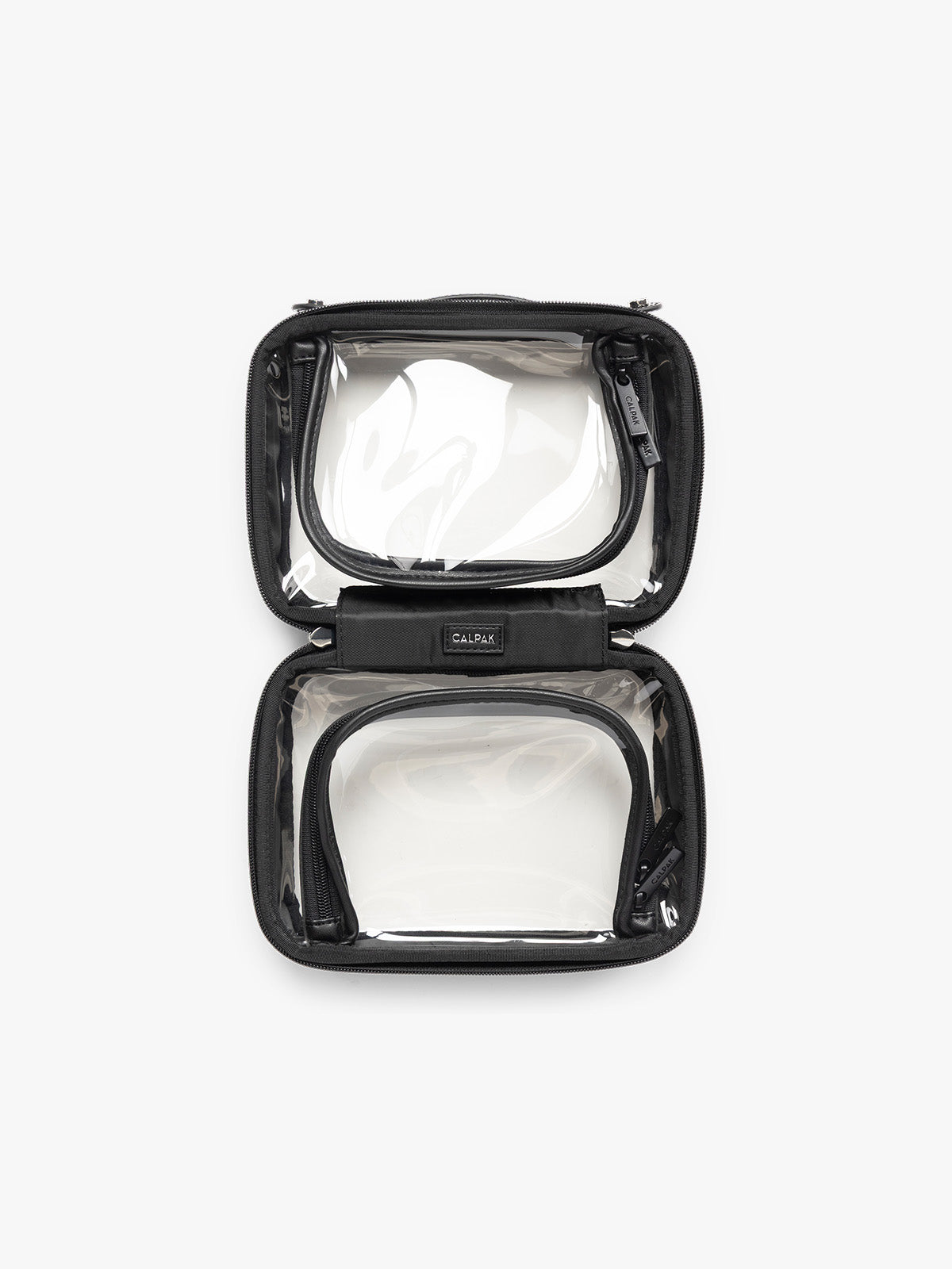 Opened view of CALPAK Small Clear Cosmetic case in Glazed Black; CCM2001-GLAZED-BLACK
