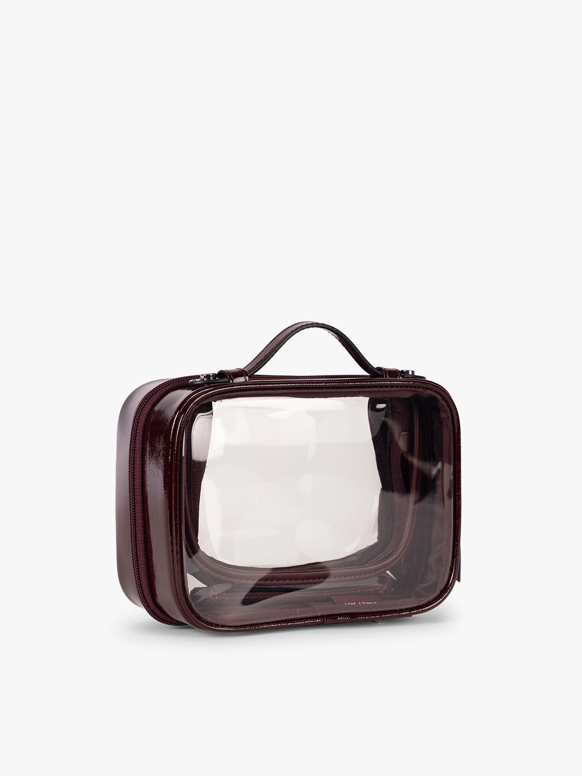Side view of CALPAK Small Clear Cosmetic case in maroon Glazed Dark Cherry; CCM2001-GLAZED-DARK-CHERRY