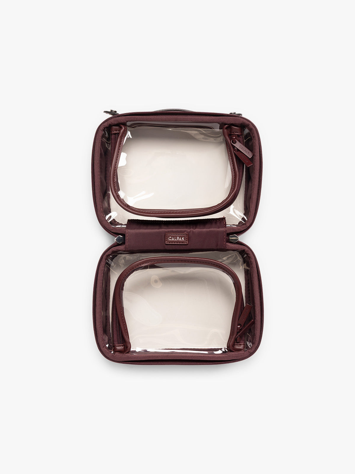 Opened view of CALPAK Small Clear Cosmetic case in maroon Glazed Dark Cherry; CCM2001-GLAZED-DARK-CHERRY