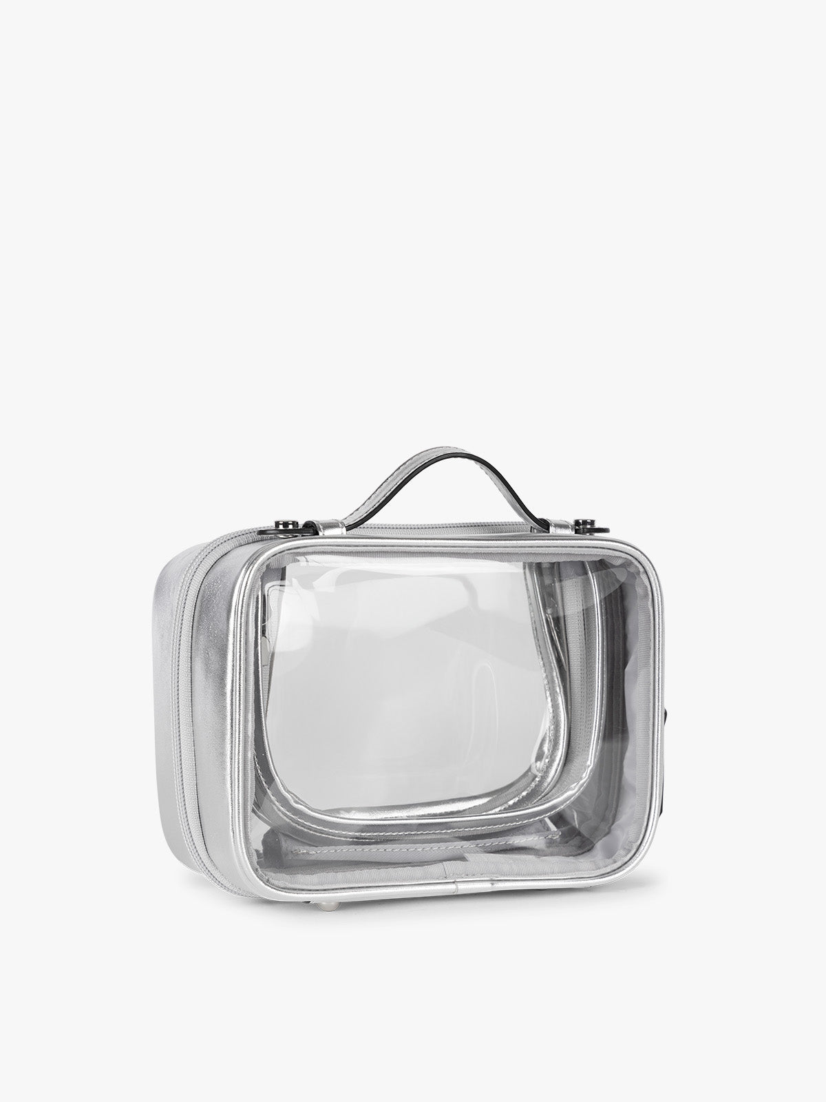 Side view of CALPAK Small Clear Cosmetic case in Silver; CCM2001-SILVER