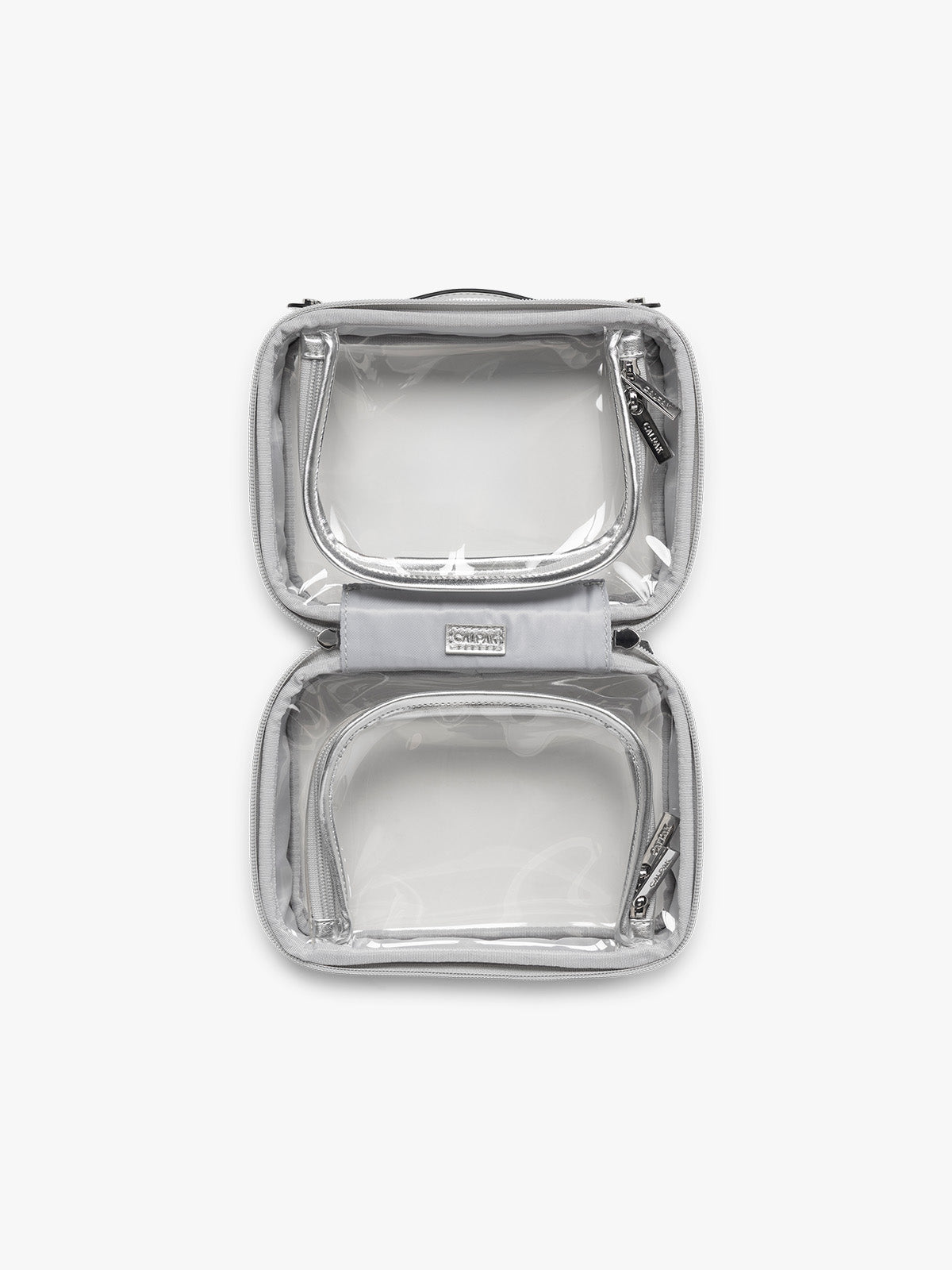 Opened view of CALPAK Small Clear Cosmetic case in Silver; CCM2001-SILVER
