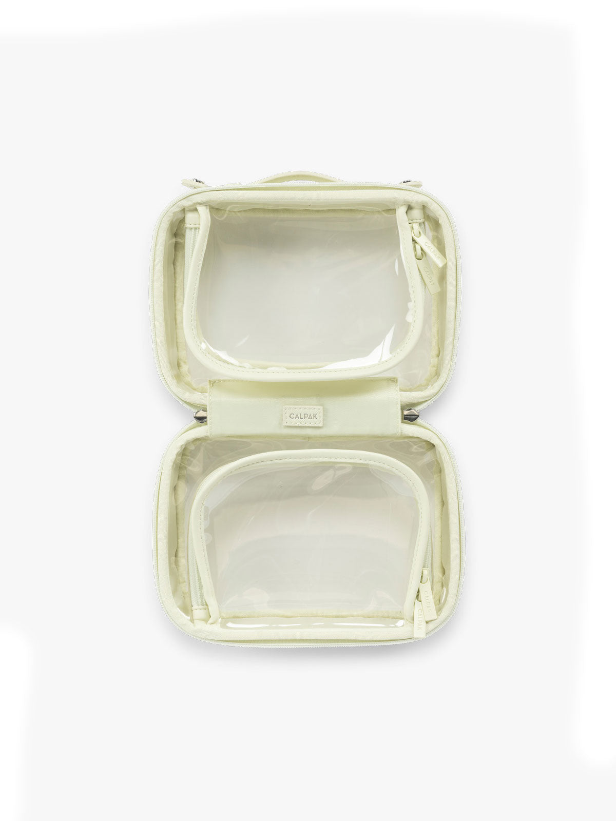 Opened view of CALPAK Small Clear Cosmetic Case in light green Celadon; CCM2001-CELADON