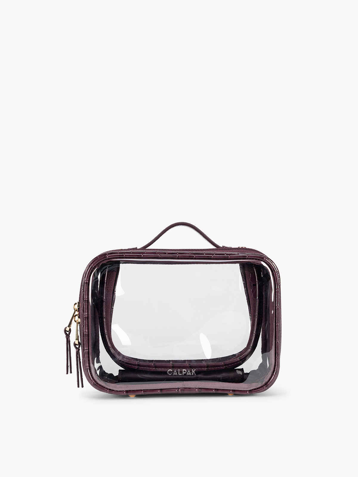CALPAK Small Clear Cosmetics Case that is a transparent pouch with a deep red Dark Cherry in crocodile-embossed; CCM2001-DARK-CHERRY-FAUX-CROC