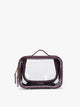 CALPAK Small Clear Cosmetics Case that is a transparent pouch with a deep red Dark Cherry in crocodile-embossed; CCM2001-DARK-CHERRY-FAUX-CROC